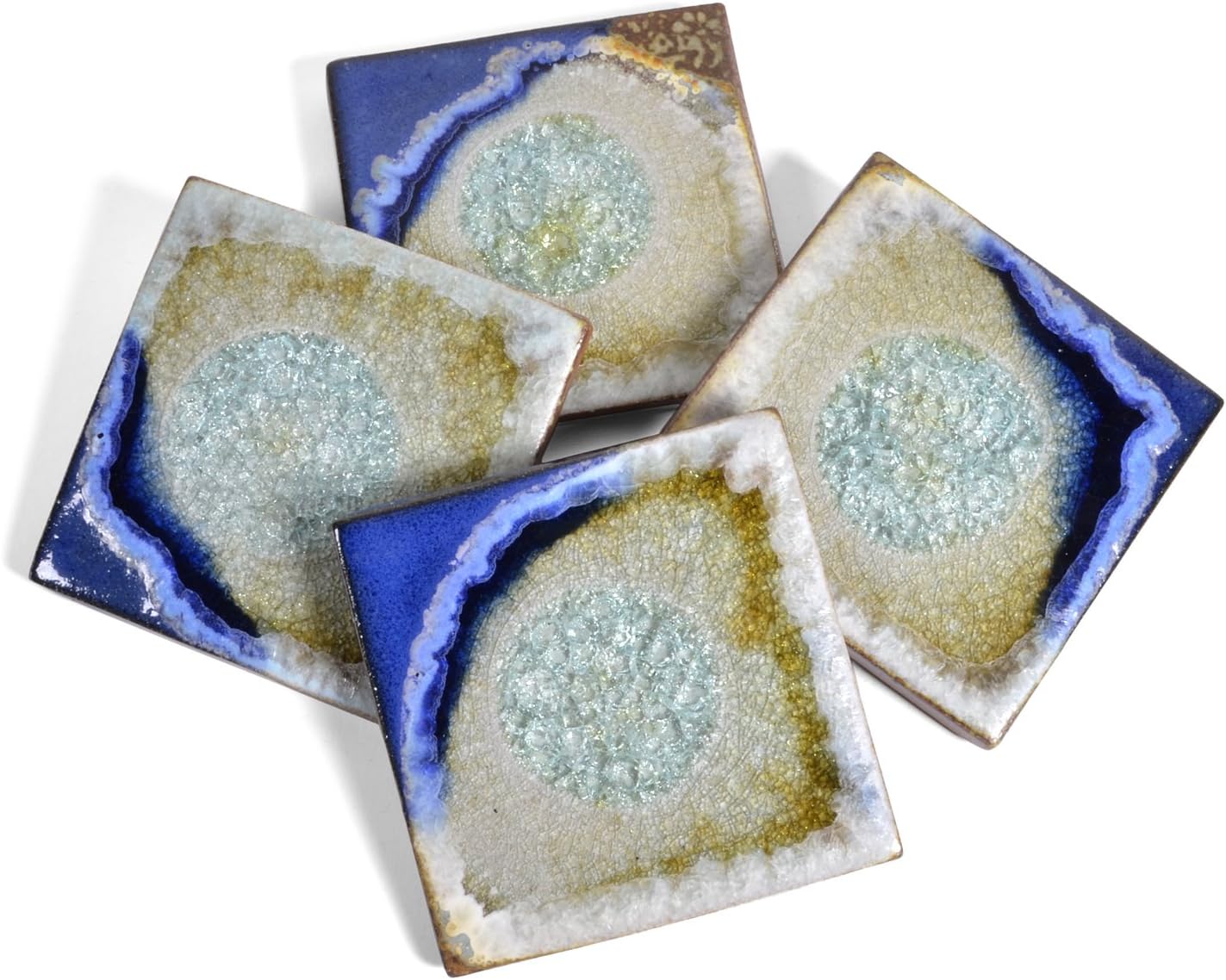 Dock 6 Pottery Coasters with Fused Glass, Blue and Copper, Set of 4