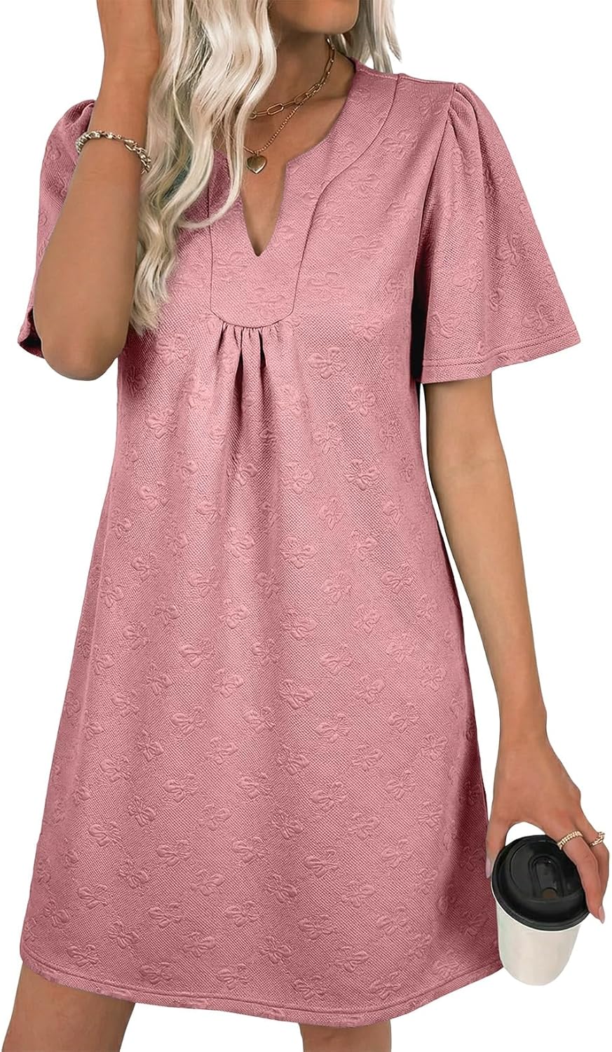 BLENCOT Womens Casual Loose Swing Dress Notched V Neck Short Sleeve Embossed Textured Summer Mini Dress with Pockets