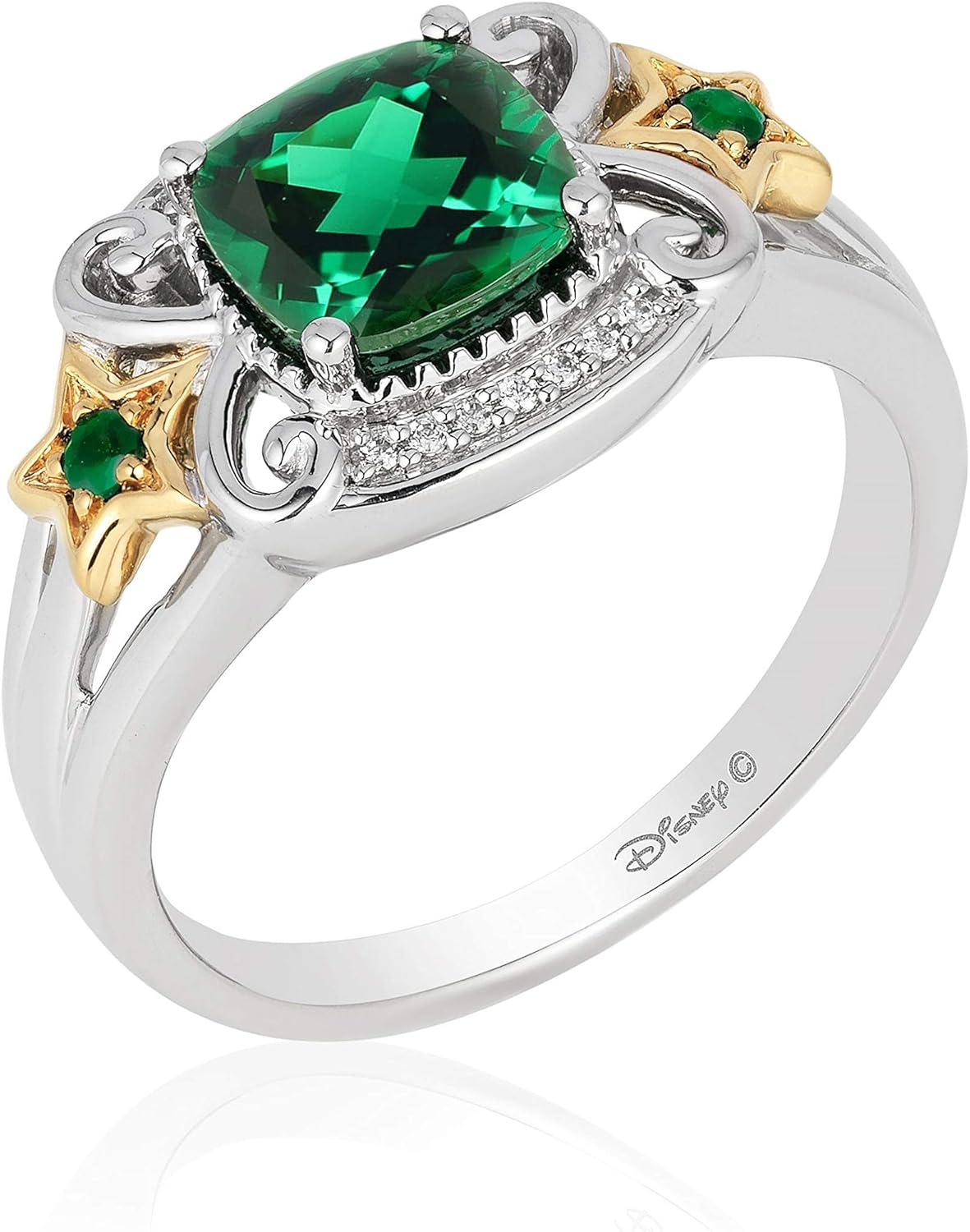 Jewelili Enchanted Disney Fine Jewelry 14K Yellow Gold over Sterling Silver Cushion Created Emerald and Natural White Round Diamond Accent Tinkerbell Star Ring