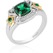 Jewelili Enchanted Disney Fine Jewelry 14K Yellow Gold over Sterling Silver Cushion Created Emerald and Natural White Round Diamond Accent Tinkerbell Star Ring