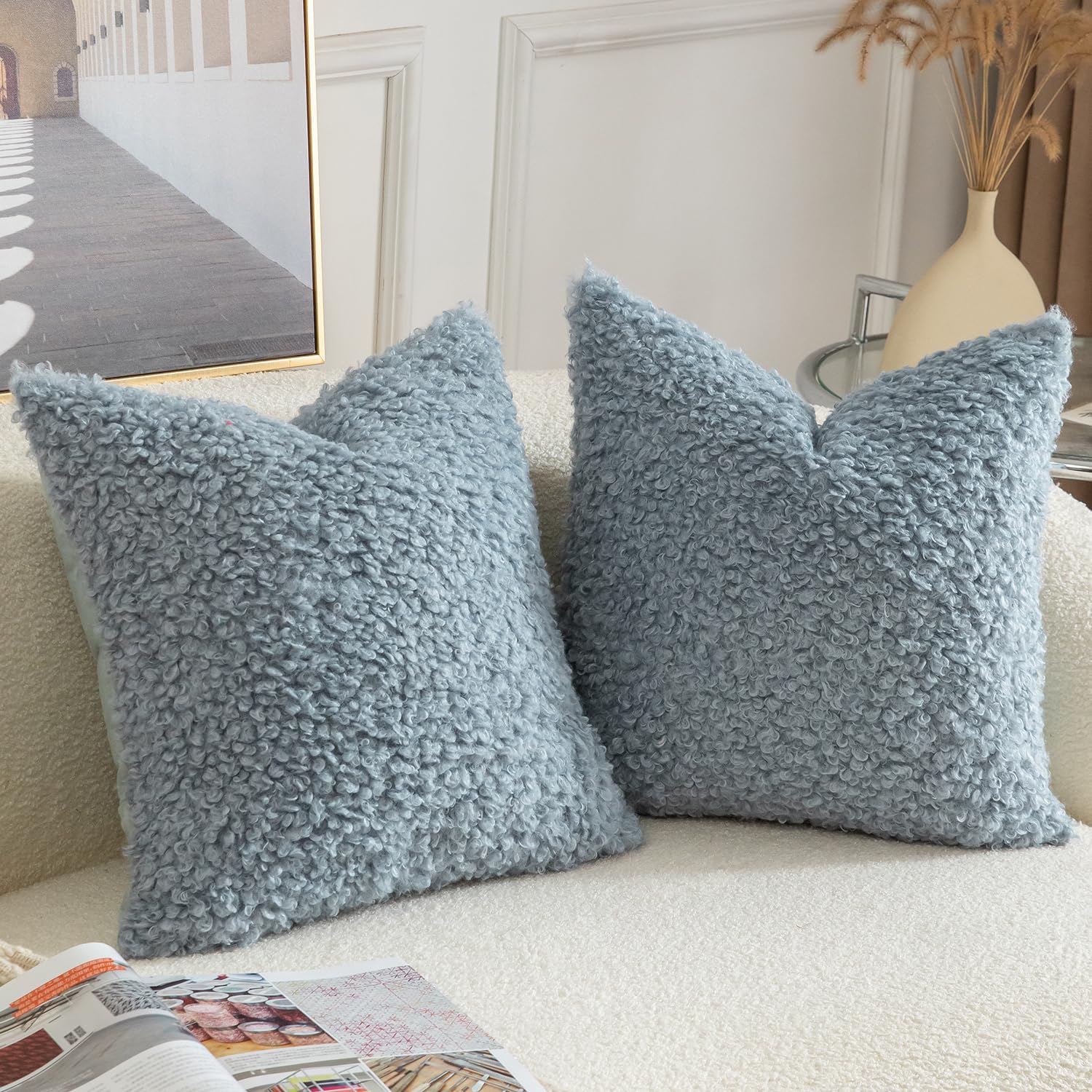 YAERTUN Pack of 2 Faux Fur Cushion Covers Decorative Sherpa Boucle Throw Pillow Covers Fuzzy Soft Sheepskin Fleece Pillowcases for Couch Sofa Bed Living Room 16x16 Inch 40x40cm Light Blue - Image 2