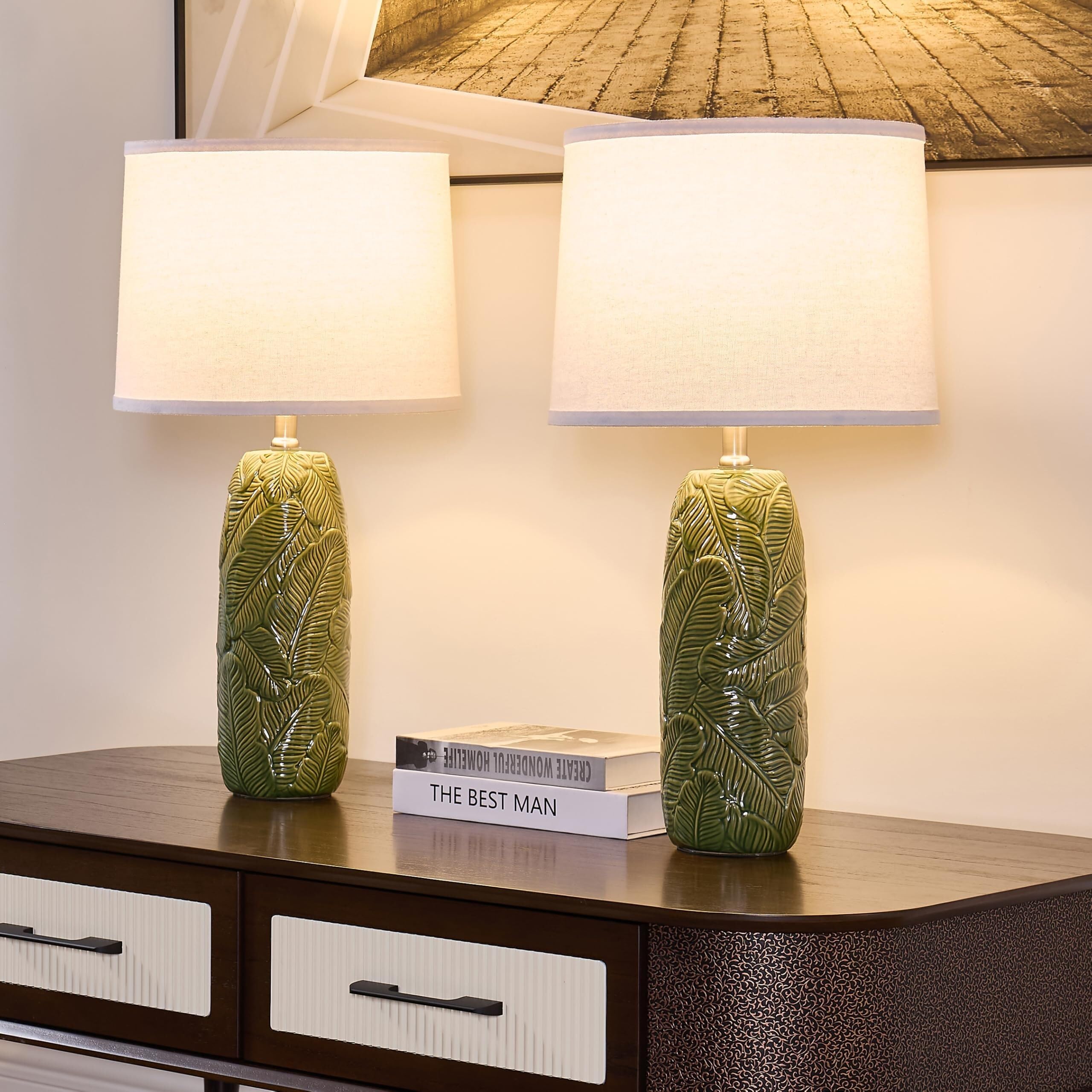 ZR98US Polveri Ceramico Verde Lampara a Mesa, Set Due, Sfondatura in Lino con Motivo di Fungo Camera Letto, Apposibile per Stanze da Ristorante, Dormitorio e Ufficio (2 Pari)