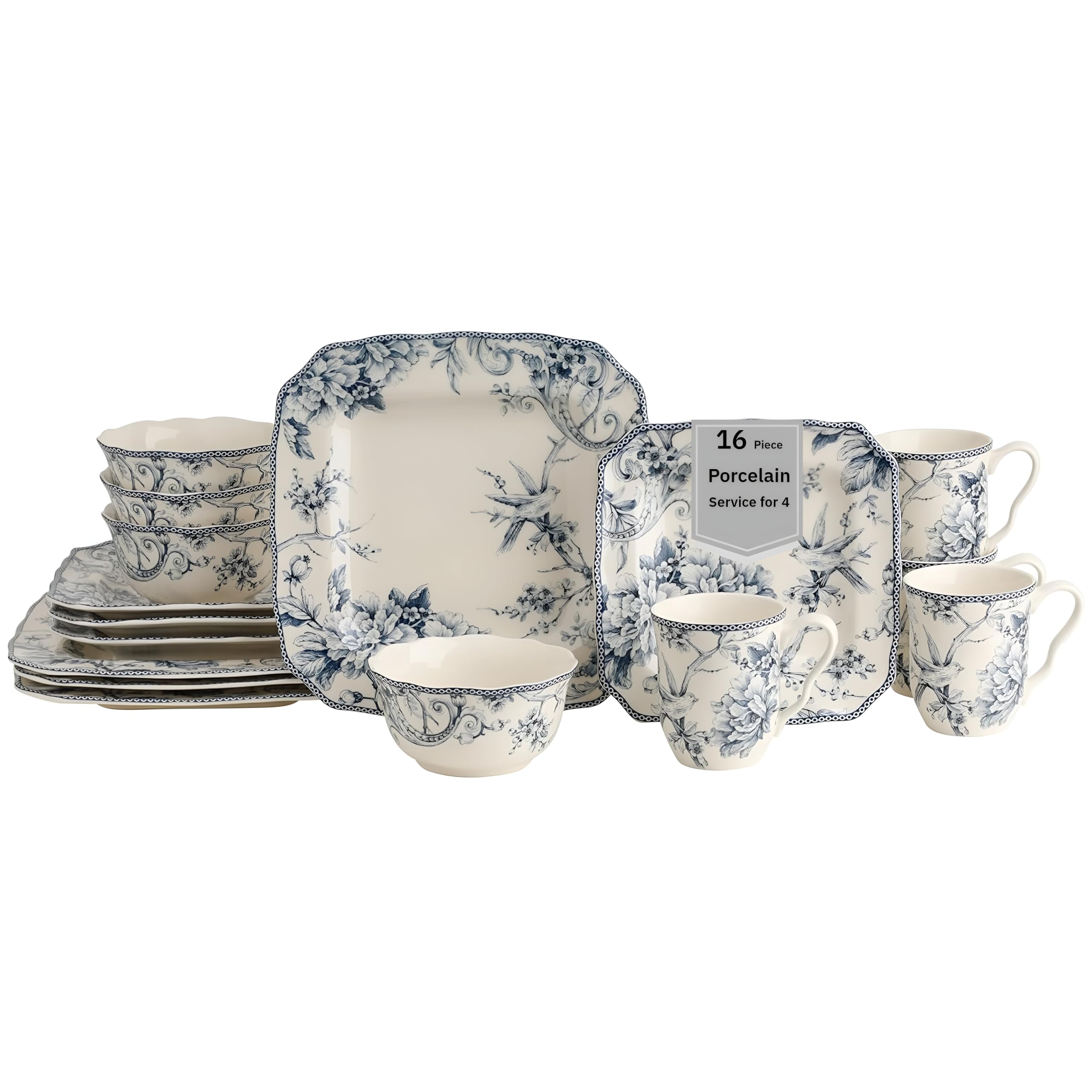 222 FifthAdelaide 16-Piece Porcelain Dinnerware Set with Square Plates, Bowls, and Mugs, Blue