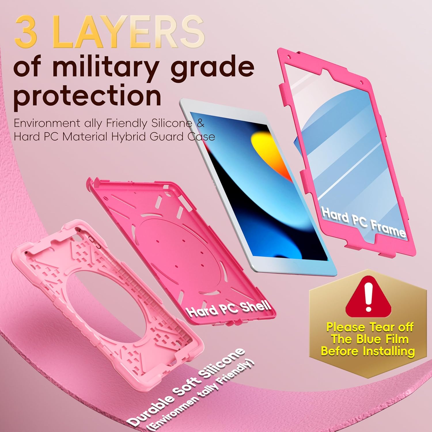 Case for iPad 9th/8th/7th Generation 10.2 inch, Shockproof Cover with Screen Protector/360° Rotate Stand/Pencil Holder/Shoulder Strap, Kids Case for iPad 2021/2020/2019 (Pink+Rose Red) - Image 3
