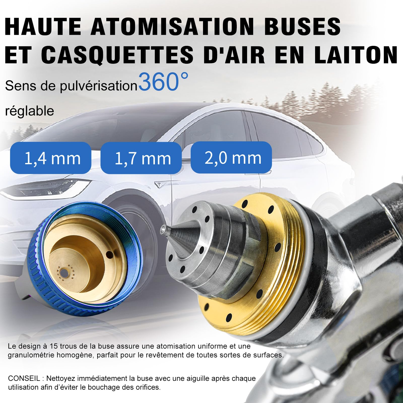 HVLP Pistolet à air, Kit de qualité supérieure avec buses de 1,4/1,7/2,0 mm et régulateur de pression d'air et 10 gobelets mélangeurs de 650 ml pour automobile, bleu argenté