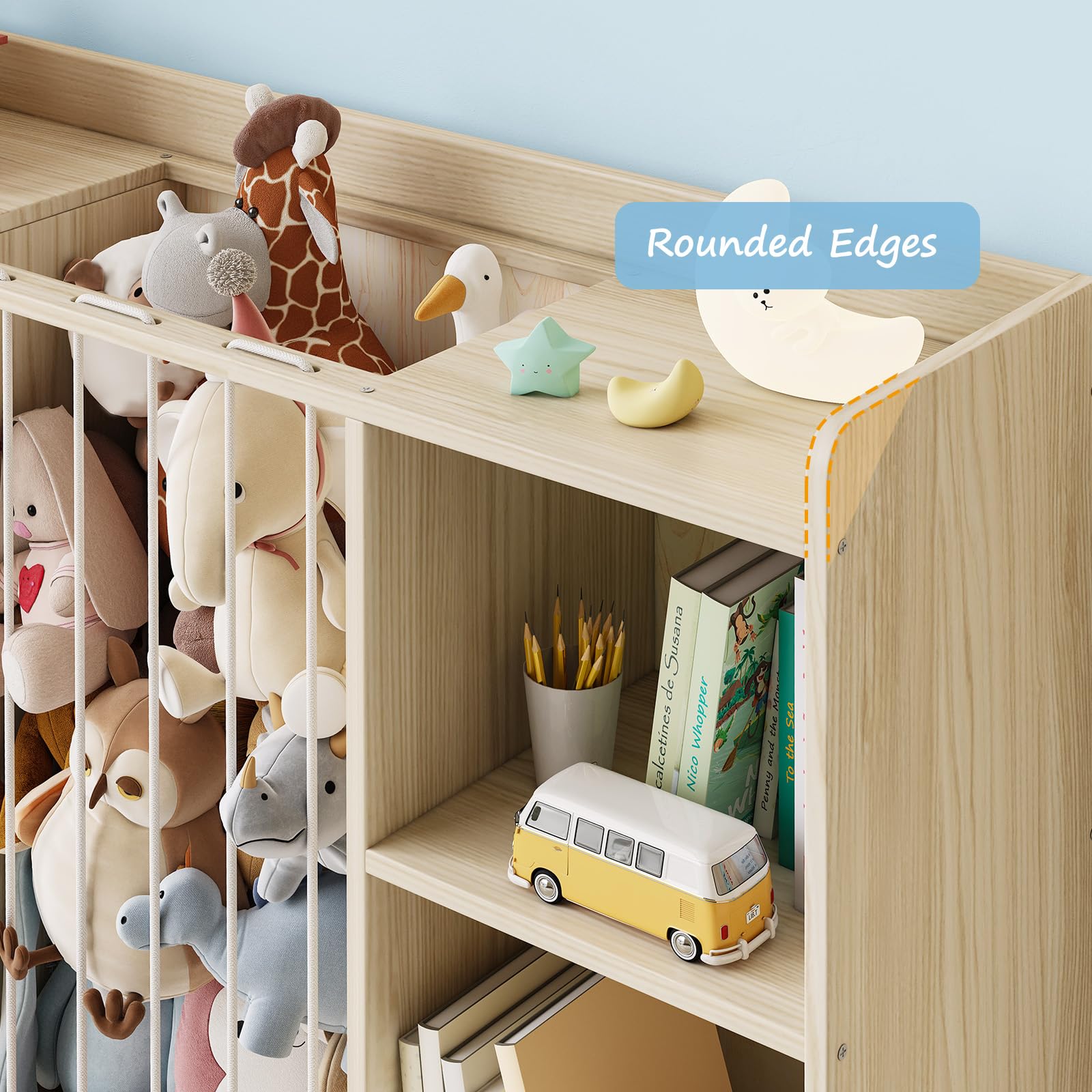 Organizer per giocattoli con contenitore per peluche, organizer per giocattoli in legno e animali di peluche, 6 scaffali a cubo con cassetti rimovibili, libreria 4 in 1 per la cameretta dei bambini