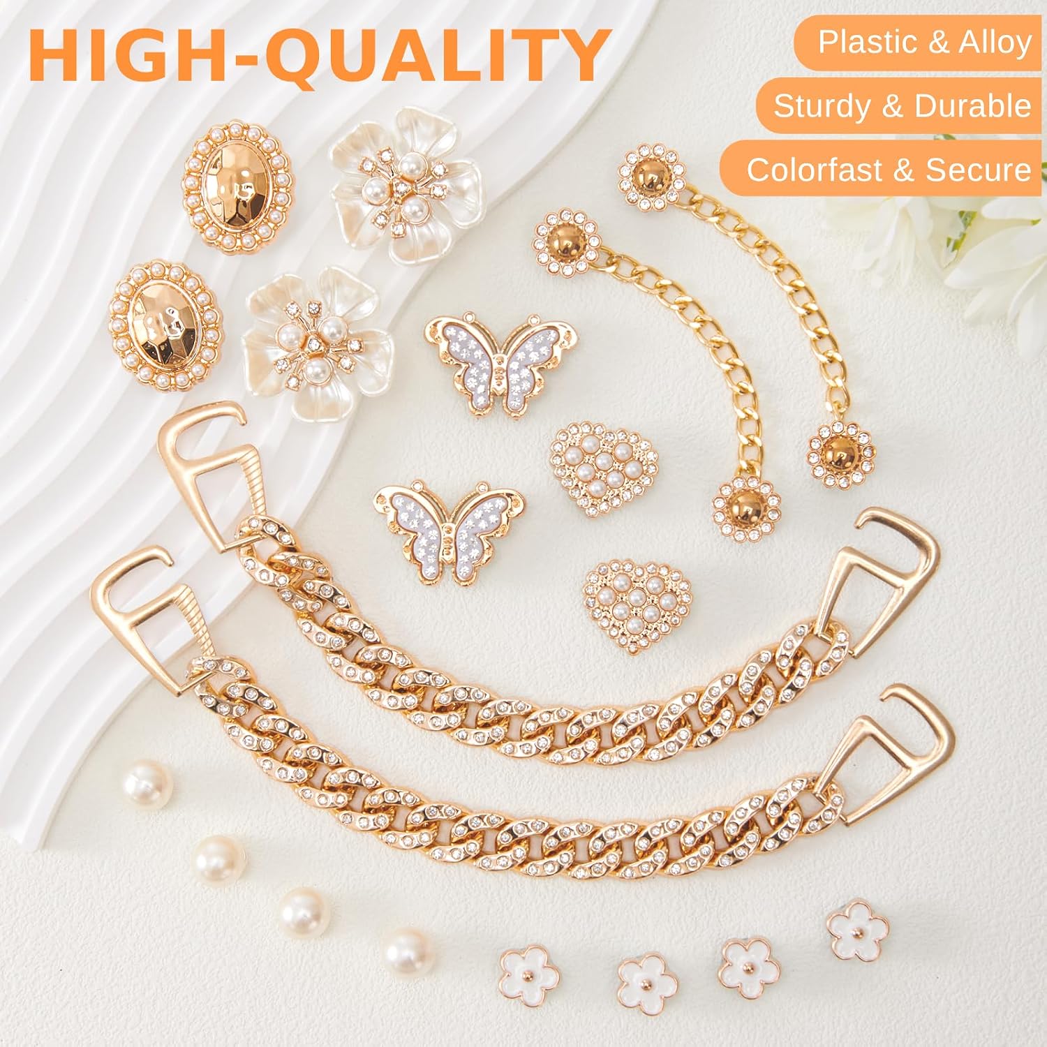 20 Pcs Bling Shoe Charms for Women Gold Chain Accessories Girly Cute Shoe Decoration Include Pearl Rhinestone Butterfly Flower for Party Favor
