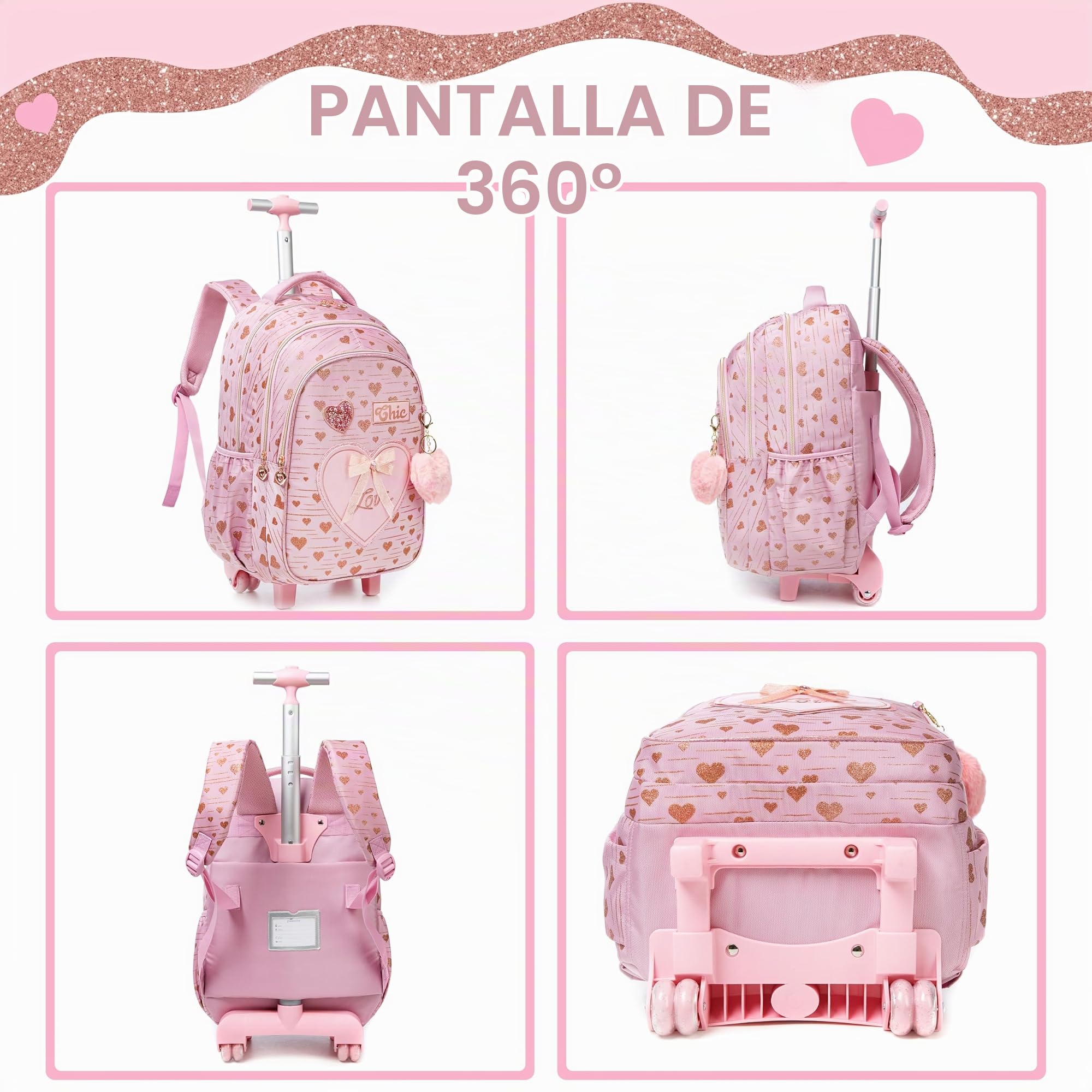 HTgroce 3 en 1 Mochila Escolar Con Ruedas Mochilas Trolley Escolares Con Ruedas Mochila Con Ruedas Niña Equipaje de Viaje 8 años