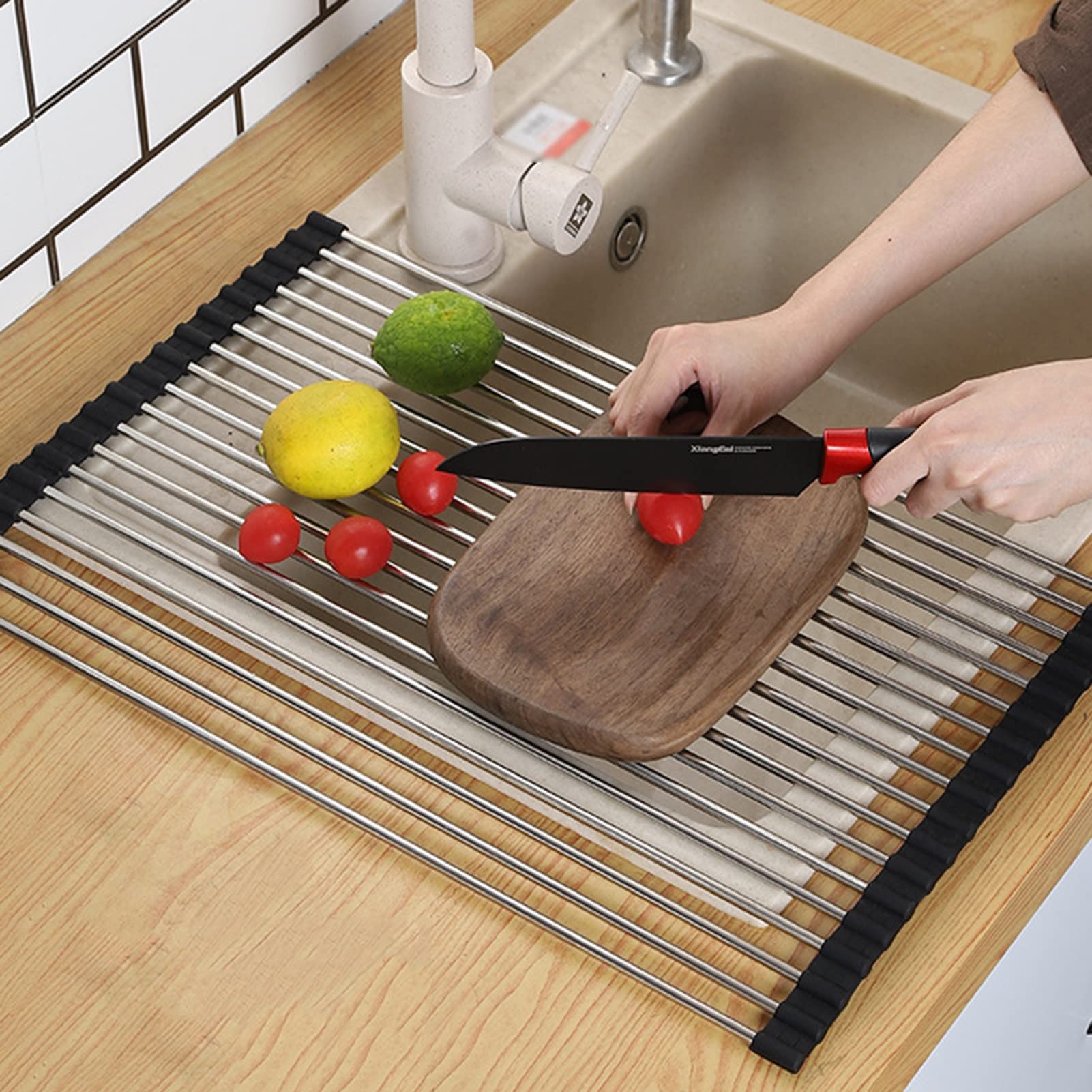 Escurridor de Platos, Rejilla for secar Platos sobre Fregadero, enjuagadora Enrollable de Silicona Inoxidable for Frutas y Verduras, Varios tamaños | 47.6*31cm