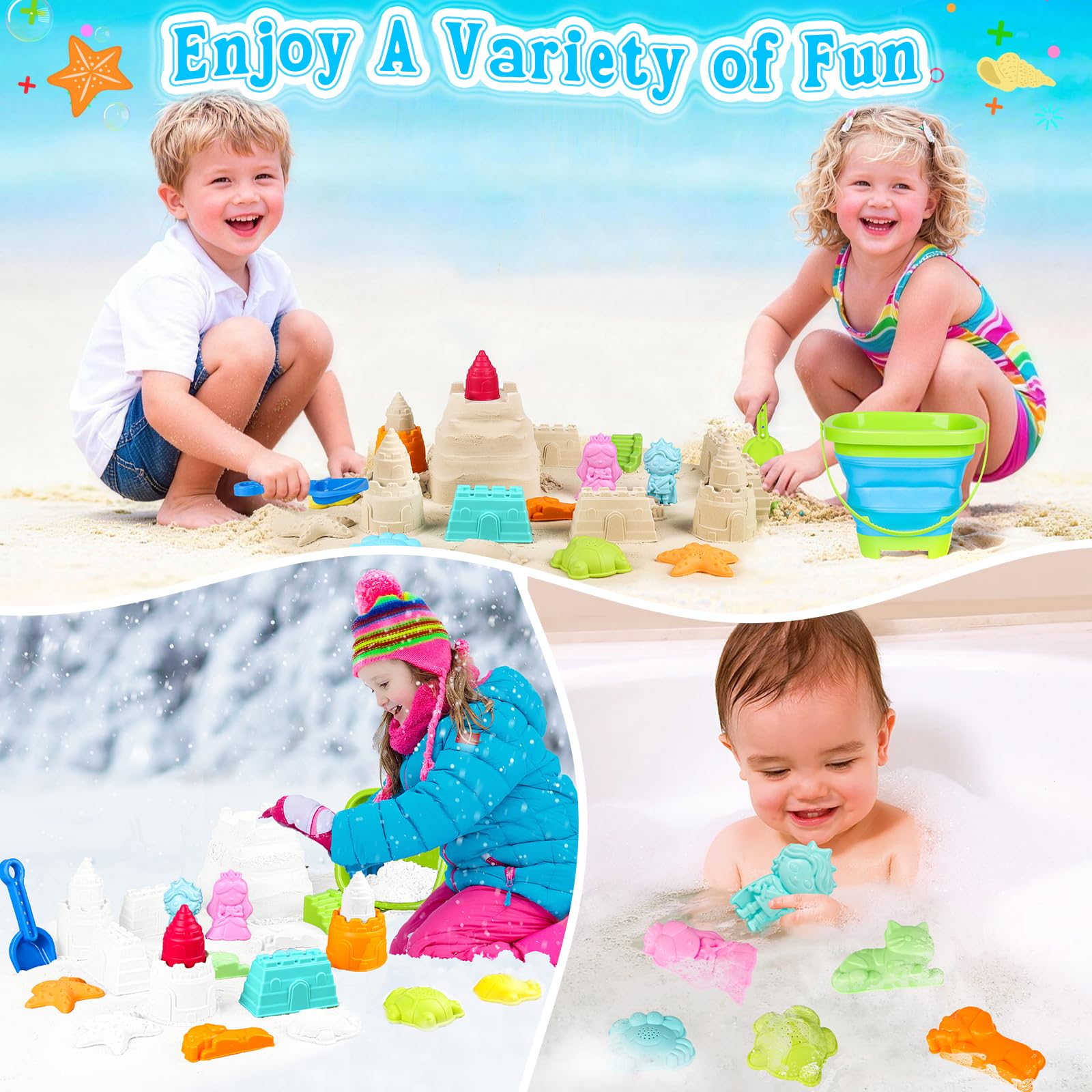 Juguetes de playa plegables para niños pequeños, cubeta de arena plegable y palas con bolsa de malla y kit de construcción de castillo de arena, juguetes de arena de viaje para artículos esenciales de