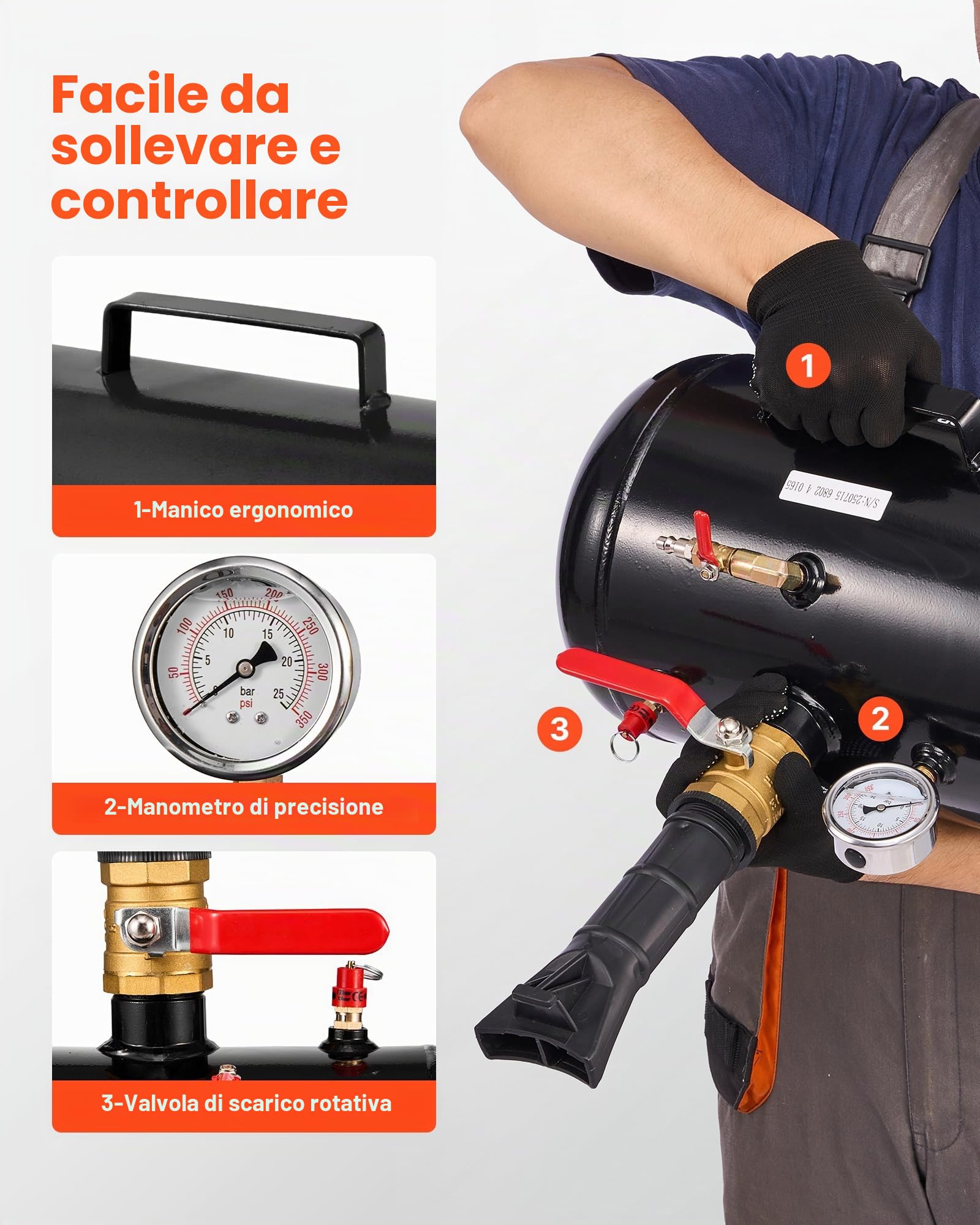 VEVOR Attrezzo per Gonfiaggio Pneumatici per Impieghi Gravosi, 0,6 a 0,8 MPa, 18,9 L Gonfiatore per Sedili con Grilletto Pneumatico per Pick-Up, Camion, ATV, Jeep, Furgone, Trattorino, Camper, Nero