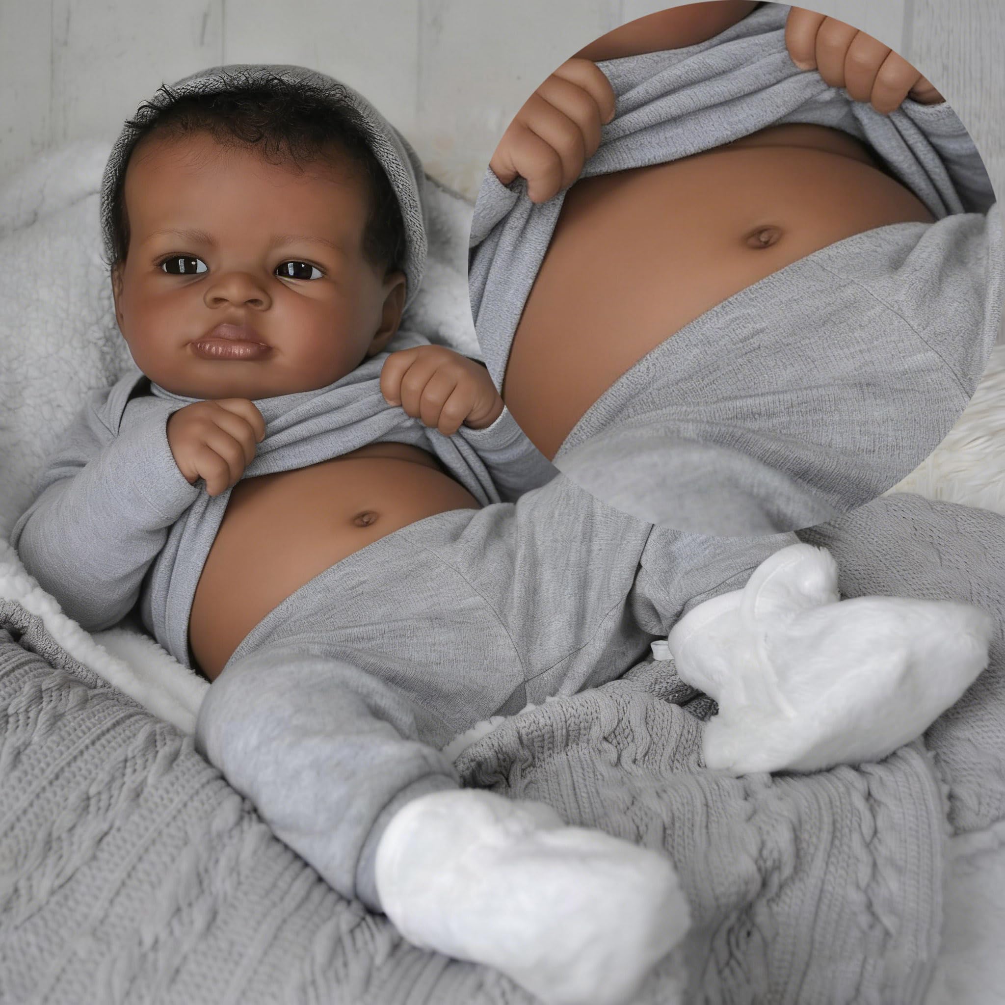 Anano Black Reborn Baby Doll Silicone Full Body Boy 50cm Full Silicone Baby Dolls Realistic Newborn Features with Hand-Rooted Hair for Kids