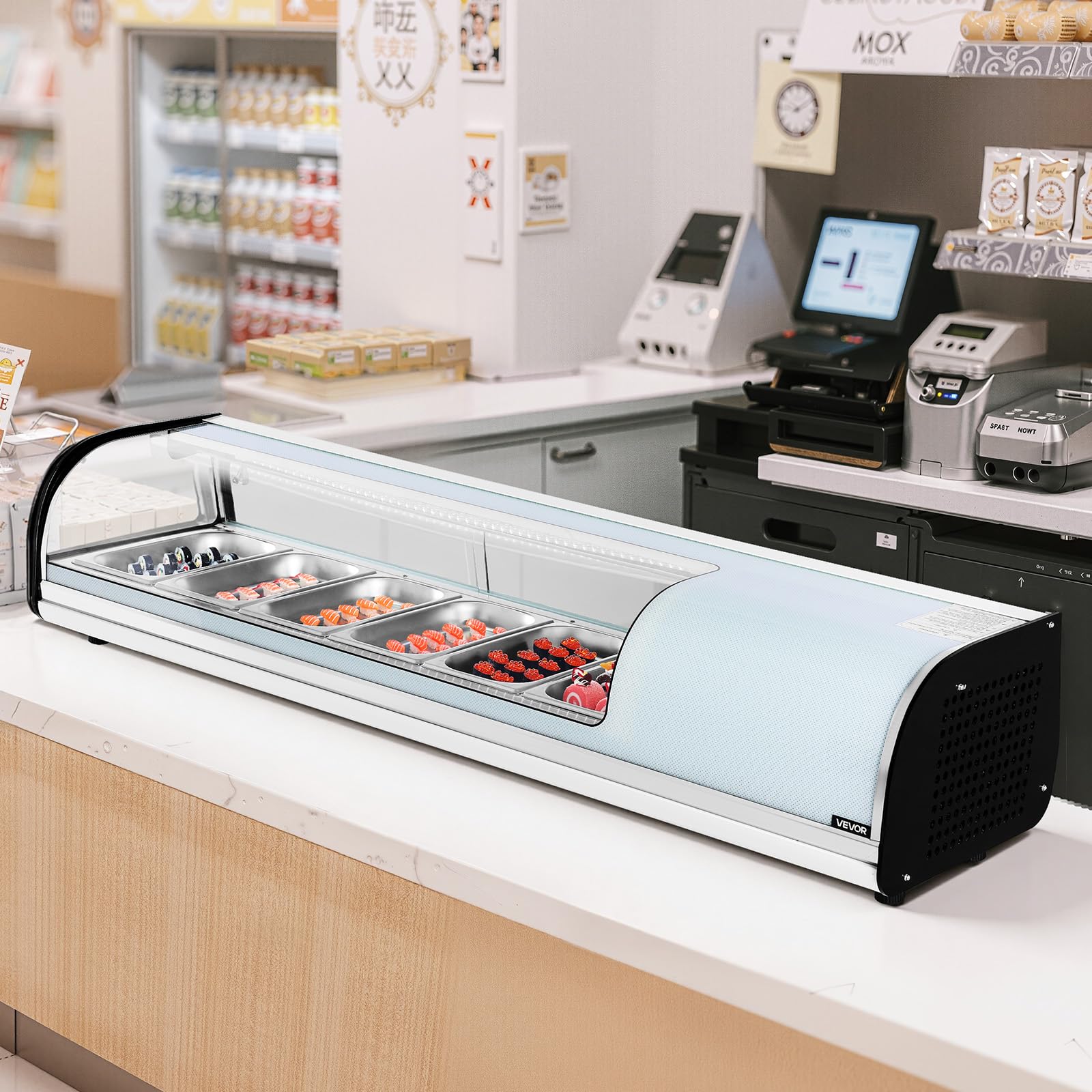 VEVOR Vetrina Refrigerata per Sushi Commerciale da 62 L, 6 Teglie con Vetro Curvo, Illuminazione a LED e Controllo Digitale della Temperatura, Frigorifero per Bancone Ristorante Negozio
