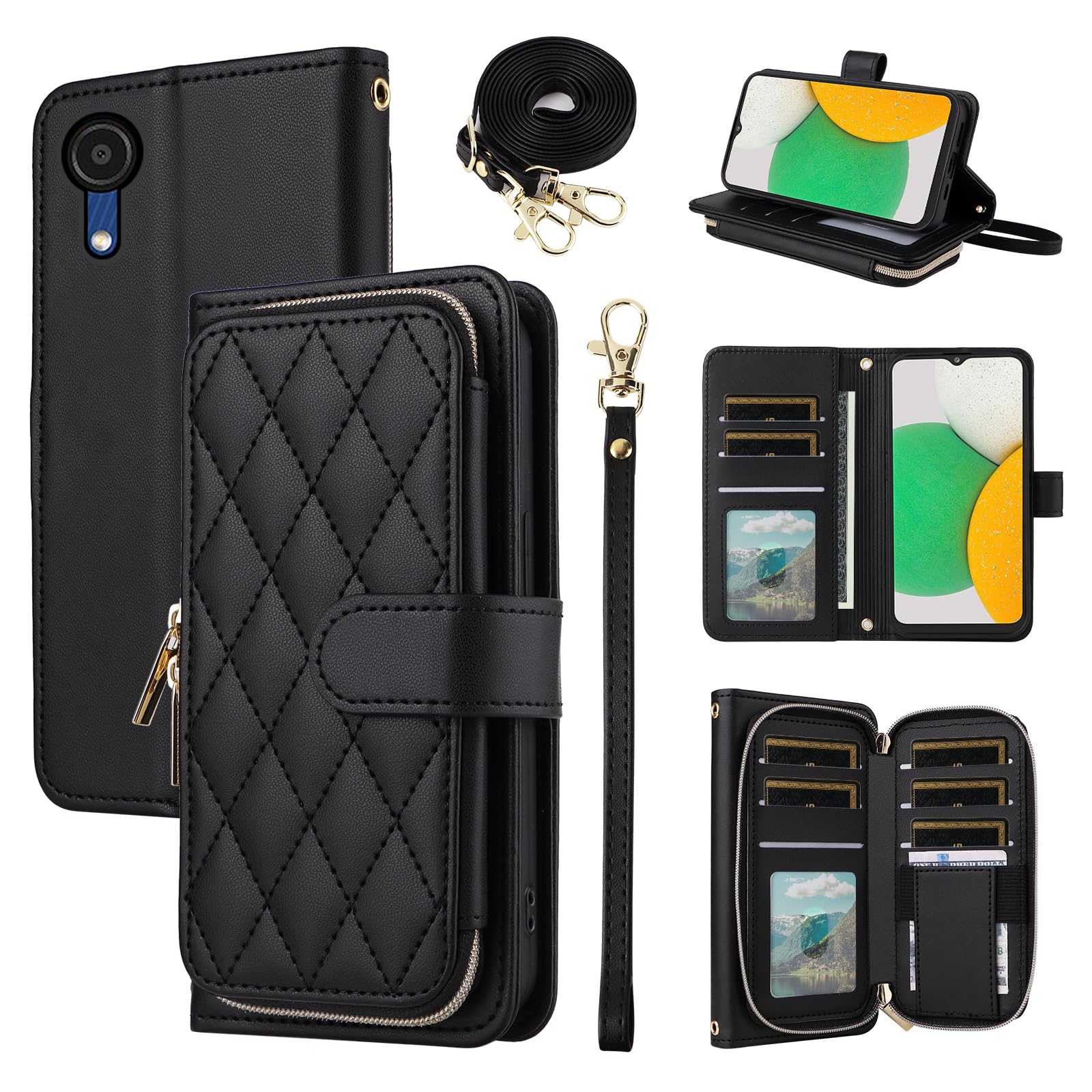 Furiet Wallet Case for Samsung Galaxy A22 5G/Boost Mobile Celero 5G with Wrist Strap, Shoulder Strap, 9+ Card Slots Zipper Purse, Leather Stand Phone