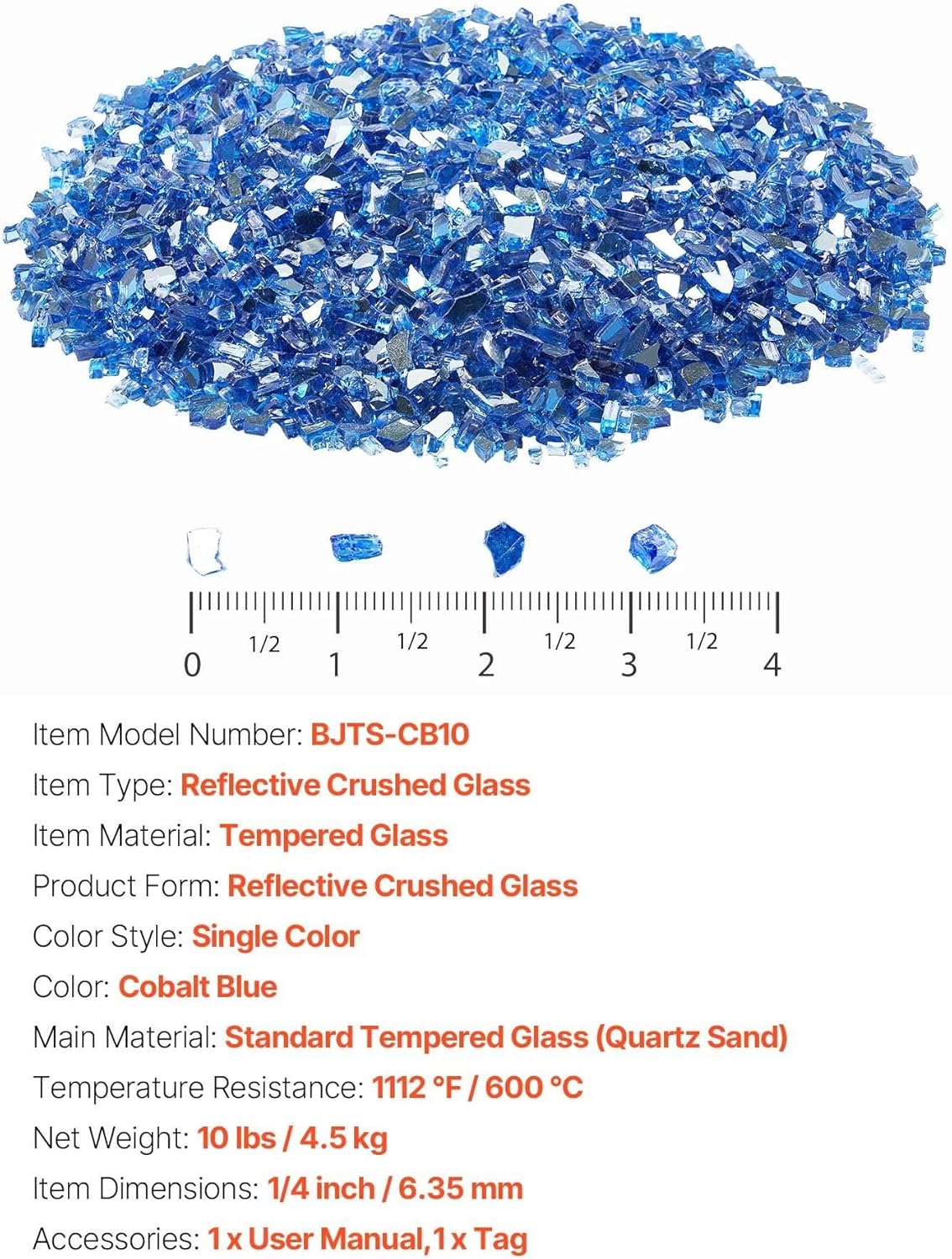 1/4-Inch Fire Glass, 10 LBS High-Temperature Tempered Fireplace Rocks for Gas Fire Pit,Fire Table and Aquarium Decoration,No Smoke No Ash,Cobalt Blue