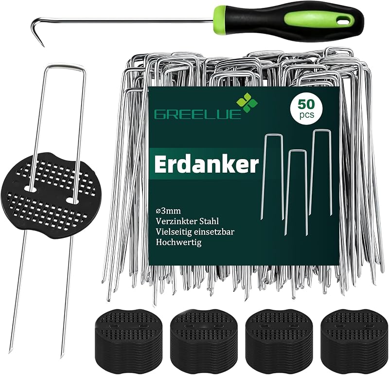 GREELUE Erdanker Bodenanker, 50 Stück 150x25mm Ø3mm, Mit Pufferscheiben, Anti Rost Verzinkter Stahl - Für Unkrautvlies, Garten, Gartenvlies & Zaun (50)
