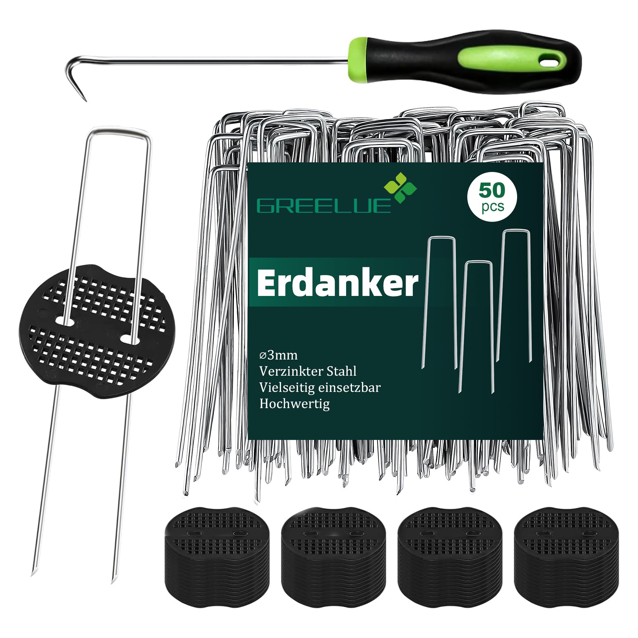 GREELUE Erdanker Bodenanker, 50 Stück 150x25mm Ø3mm, Mit Pufferscheiben, Anti Rost Verzinkter Stahl - Für Unkrautvlies, Garten, Gartenvlies & Zaun (50)