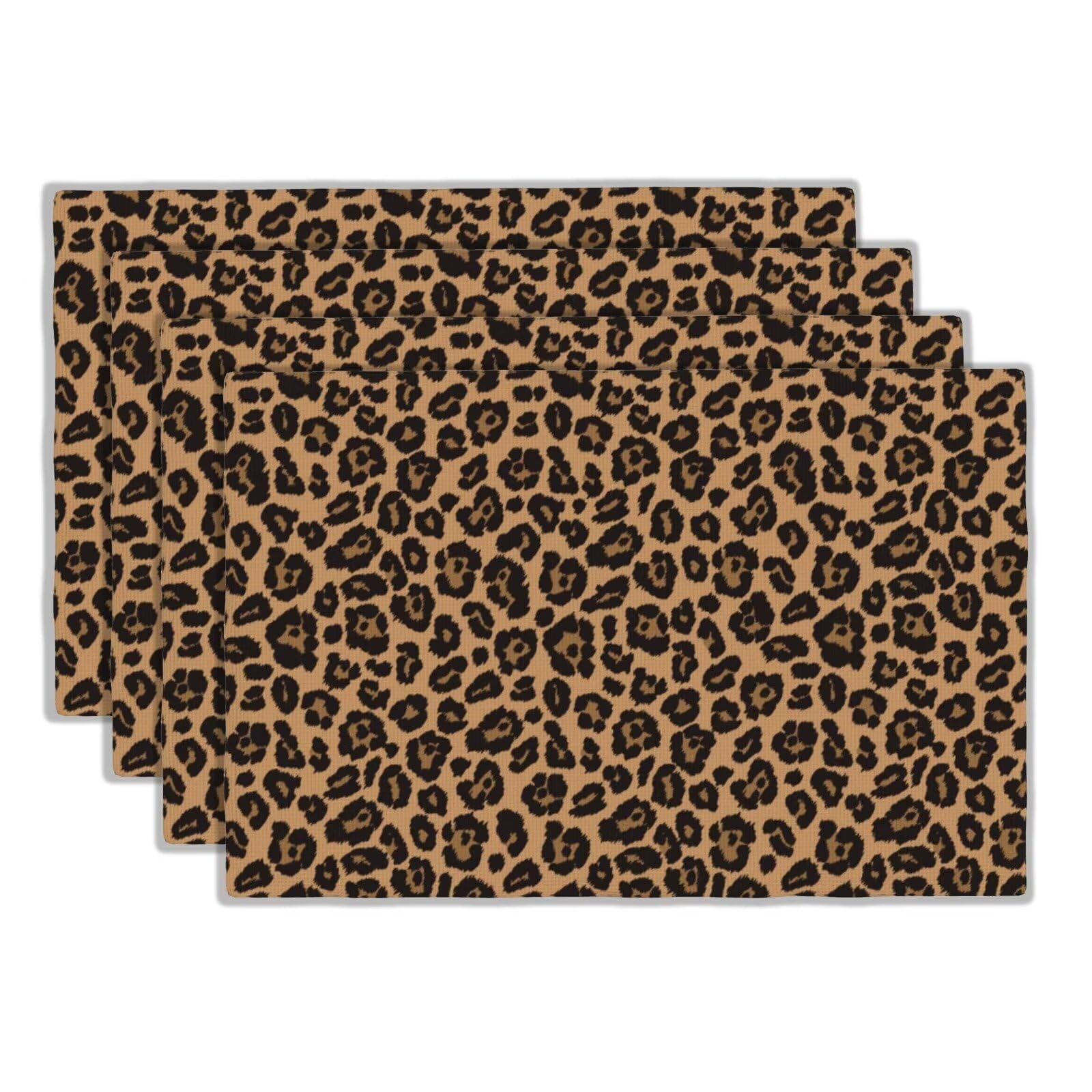 XALOGEERBlack Brown Leopard Placemats Set of 4 African Wild Animal Theme Linen Washable Place Mats Rectangular Cloth Table Mat for Party Kitchen Dining Decoration Indoor Outdoor, 12x18 inch