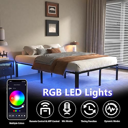 Miniatura 3 de Base de cama Queen con luces LED, plataforma de metal resistente de 14 pulgadas, marco de cama tamaño Queen con estación de carga, no necesita