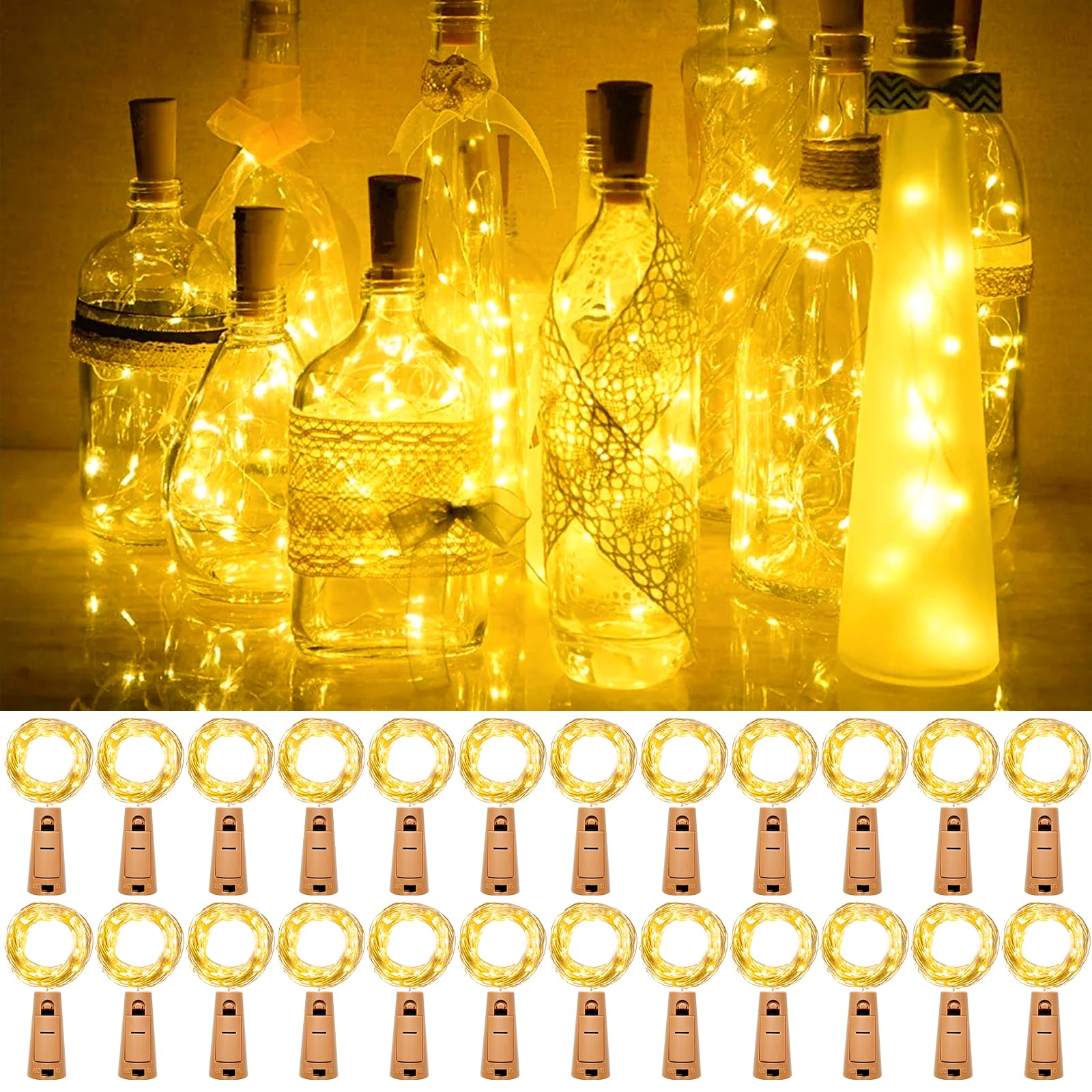 Kolpop Bottle Lights with Cork, 24 Packs New Upgrade Wine Bottle Lights Battery Powered Warm White, 2m 20 LED Mini Fairy Lighting Indoor for Party Wedding Christmas Birthday Jars DIY Decor