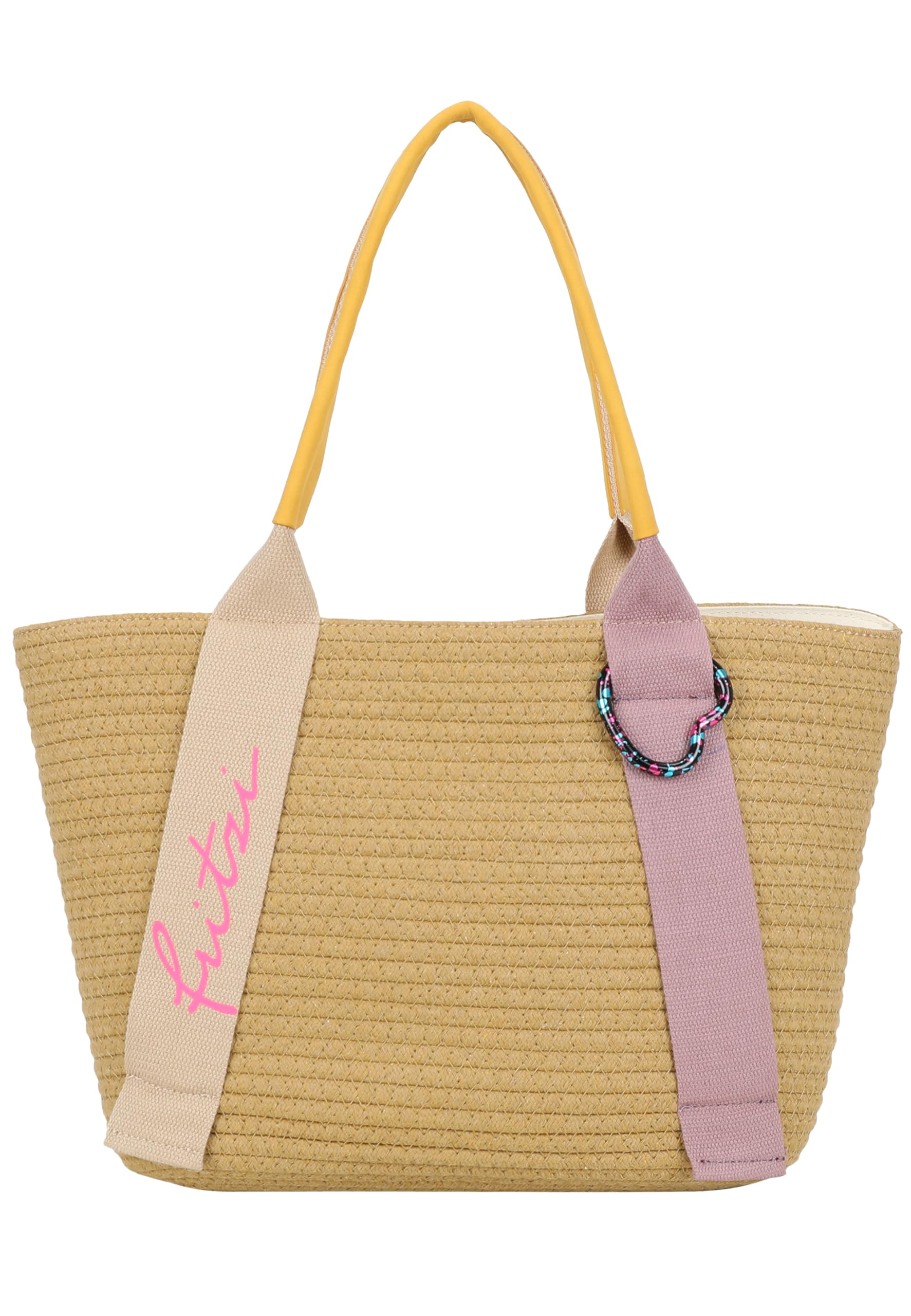 Fritzi Happy Summer Shopper Strohtasche Damen Shopper Handtasche Festival Beach vegan Stroh-Optik Herzkarabiner 25 x 37 x 11,5 cm – Beige-Blue, Pink, Mint, Orange