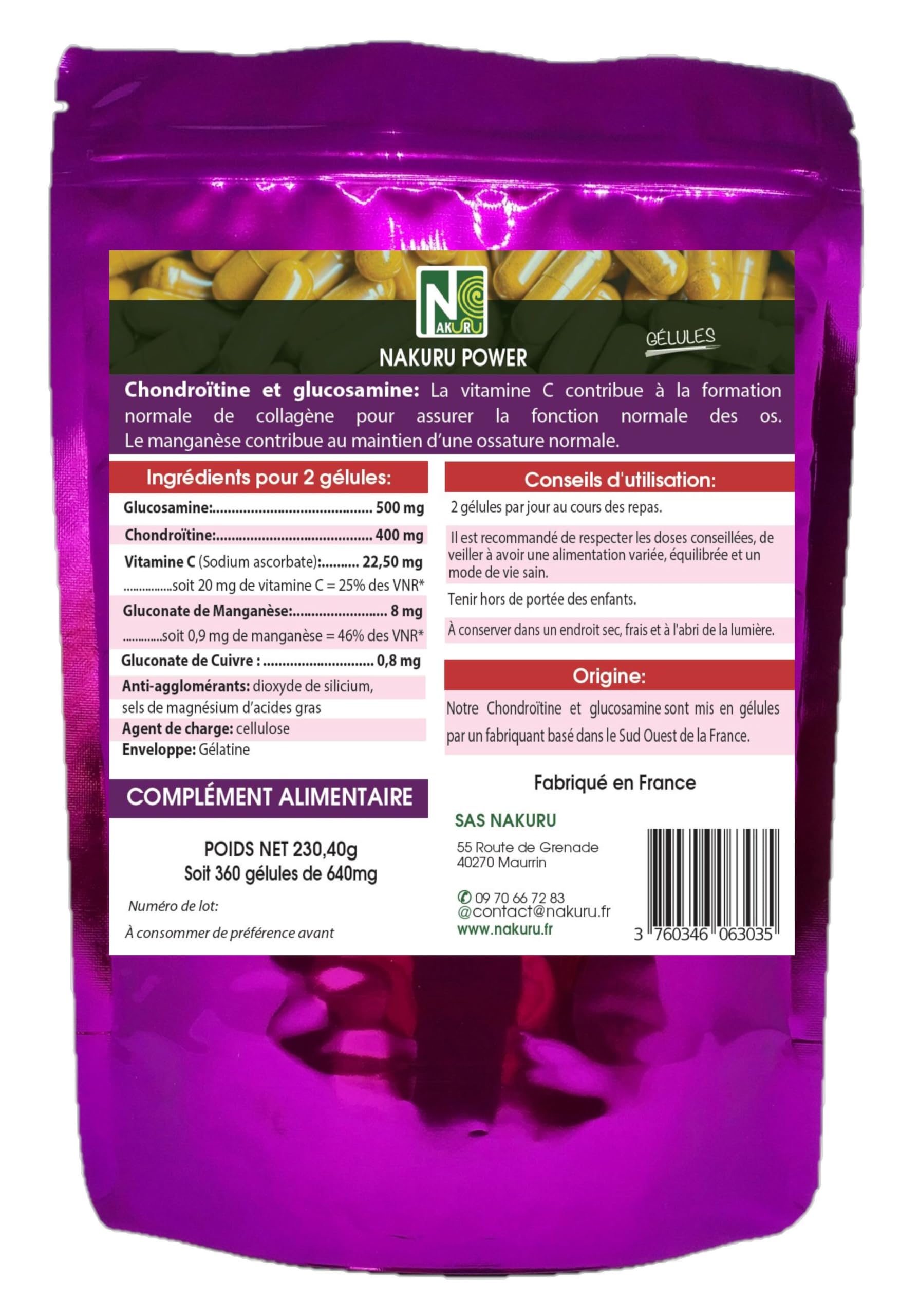 NAKURU | Chondroïtine + Glucosamine | Gamme Power | Fabriqué en France | "Sérénité des Articulations Naturelle !" (360 Gélules de 640mg / Poids Net: 230,40g)