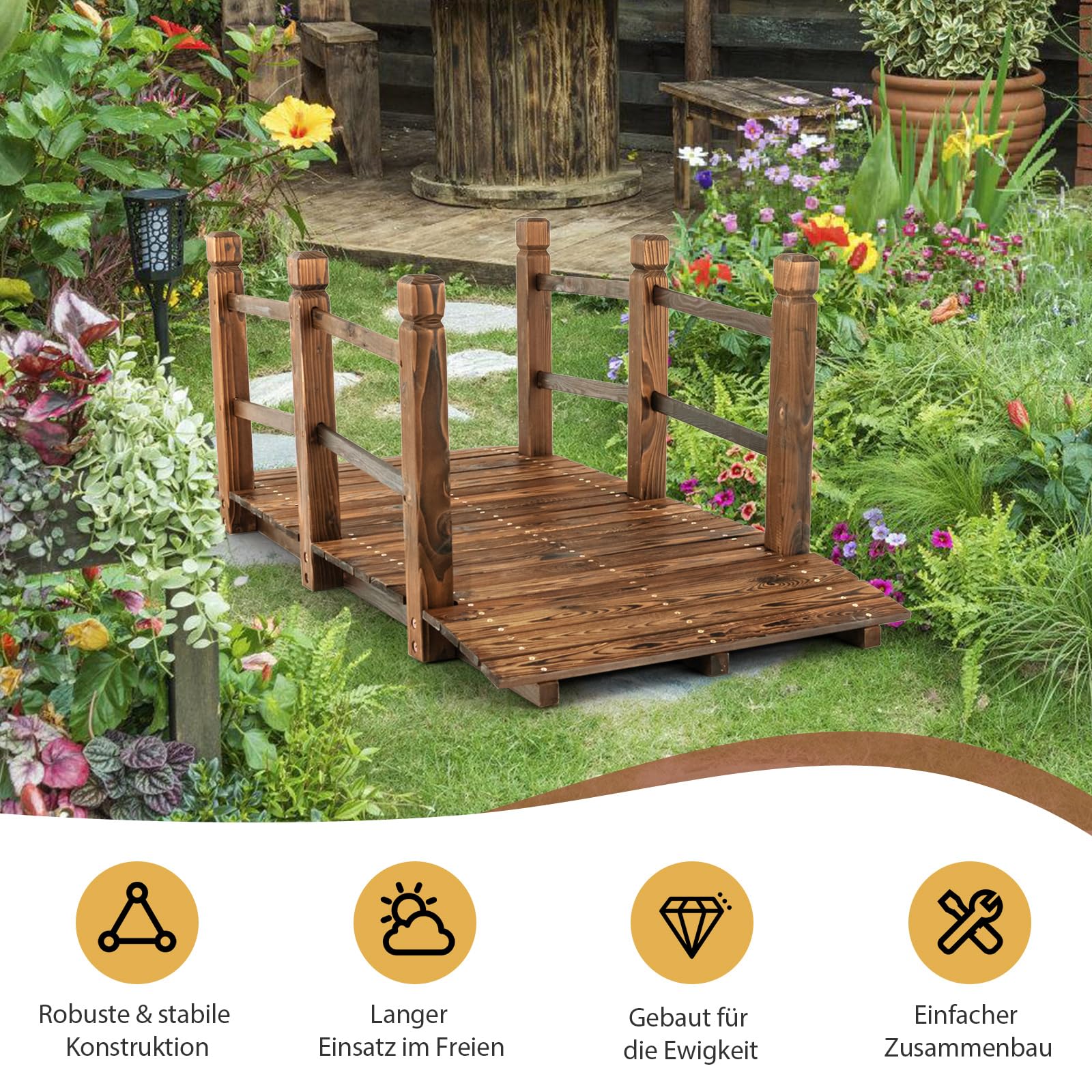 COSTWAY Brücke, Teichbrücke Gartenbrücke, Holzbrücke mit Geländern, Zierbrücke bis 180 kg belastbar, aus massivem Tannenholz, Dekobrücke für Garten Teich Außenbereich, 150 x 67 x 55 cm (Braun)
