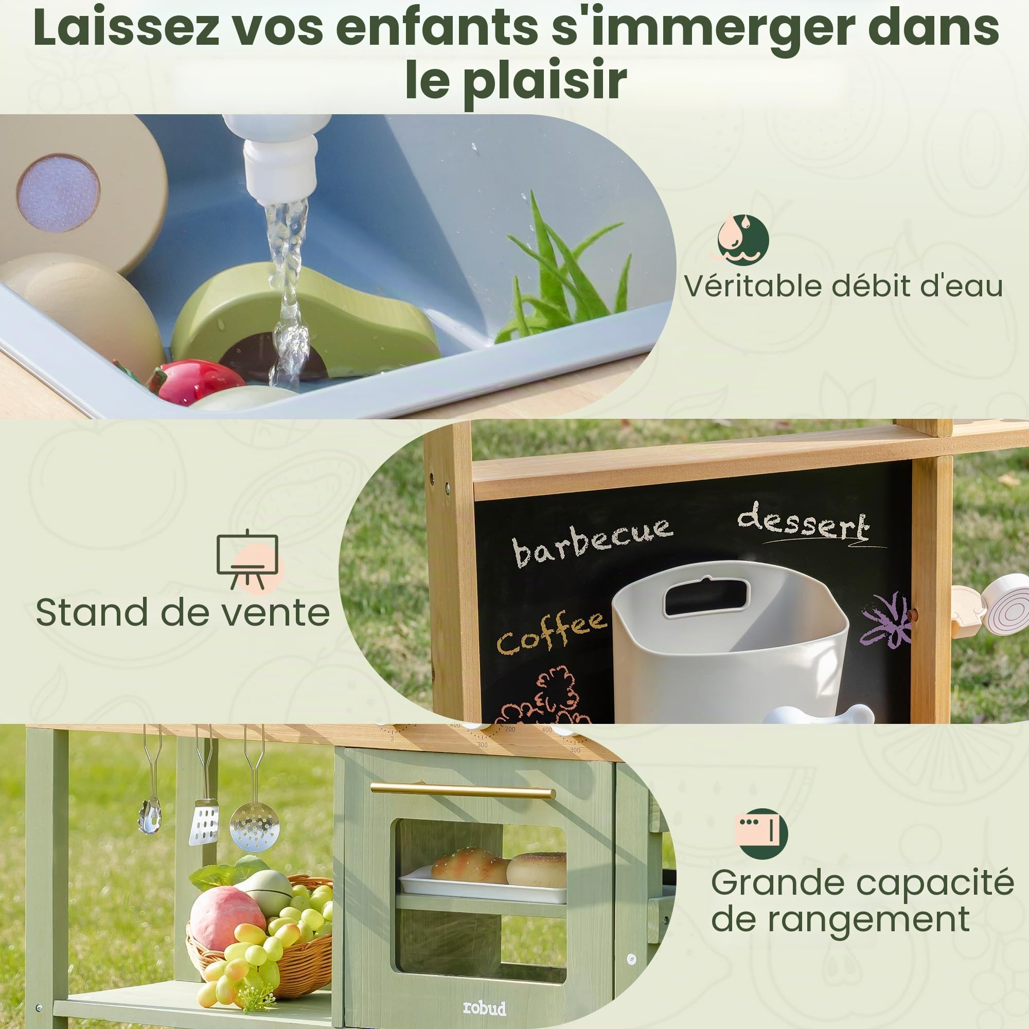 ROBUD Cuisine en Bois pour Enfants, 17 pièces de Cuisine avec évier, Tableau Noir et Accessoires, Cuisine extérieure pour Barbecue, Jeu de éducatif pour Les Enfants de 3 Ans et Plus