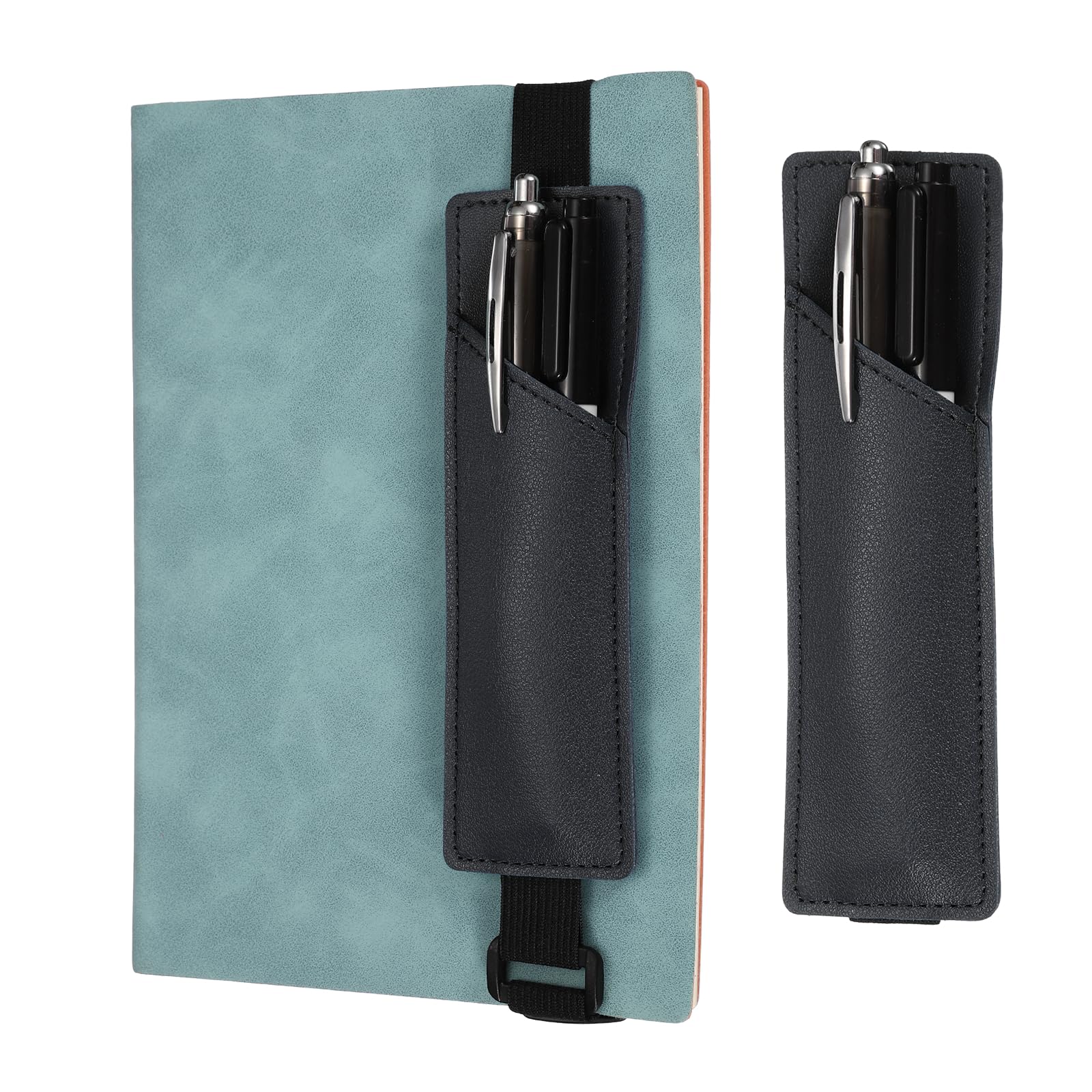 PATIKIL Elastic Band Pen Holder, 2 Pcs PU Leather Pen Sleeve with Adjustable Elastic Band for Office Supplies Notebook Planner Journal Ballpoint Pencils Touch, Black