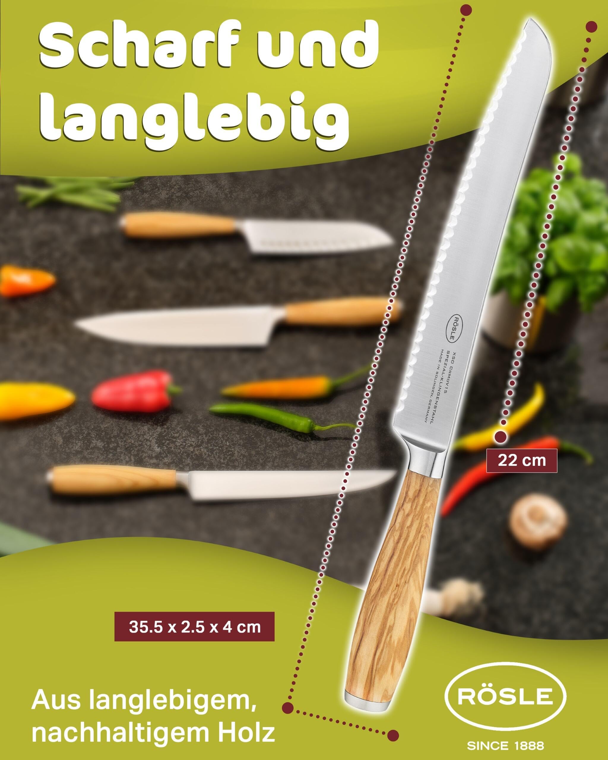 RÖSLE Nóż do chleba Artesano, wysokiej jakości nóż kuchenny do cięcia chleba, bułek i bagietek, Made in Solingen, ząbkowany, stal specjalna ostrza, drewno oliwkowe
