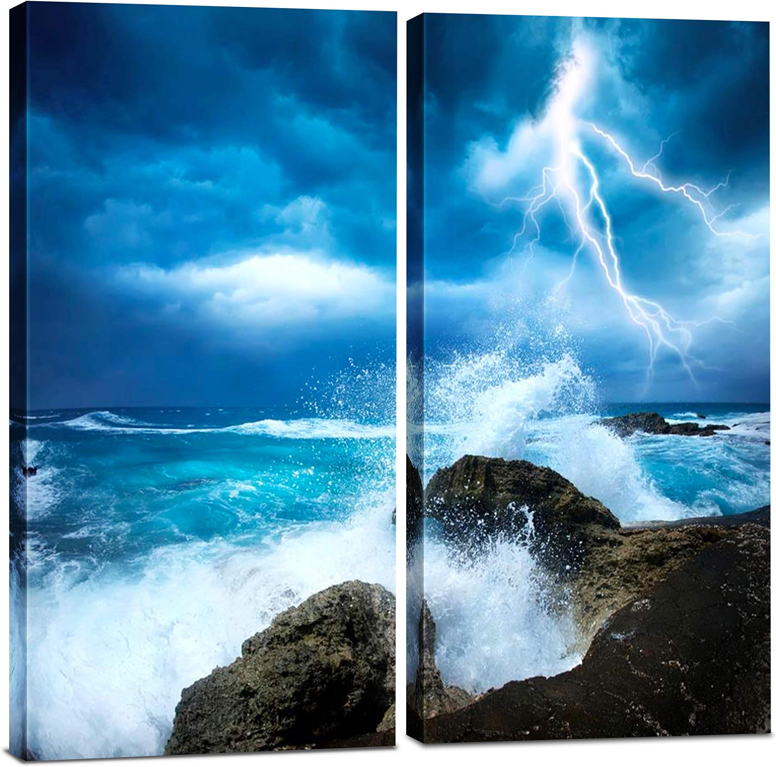 Ocean Lightning Storm Canvas Wall Art Decor - 2 Piece Set, Decorative Multi Panel Split Prints - Blue Ocean Picture for Living Room, Kitchen, Bedroom, Office & Home Decor Gift
