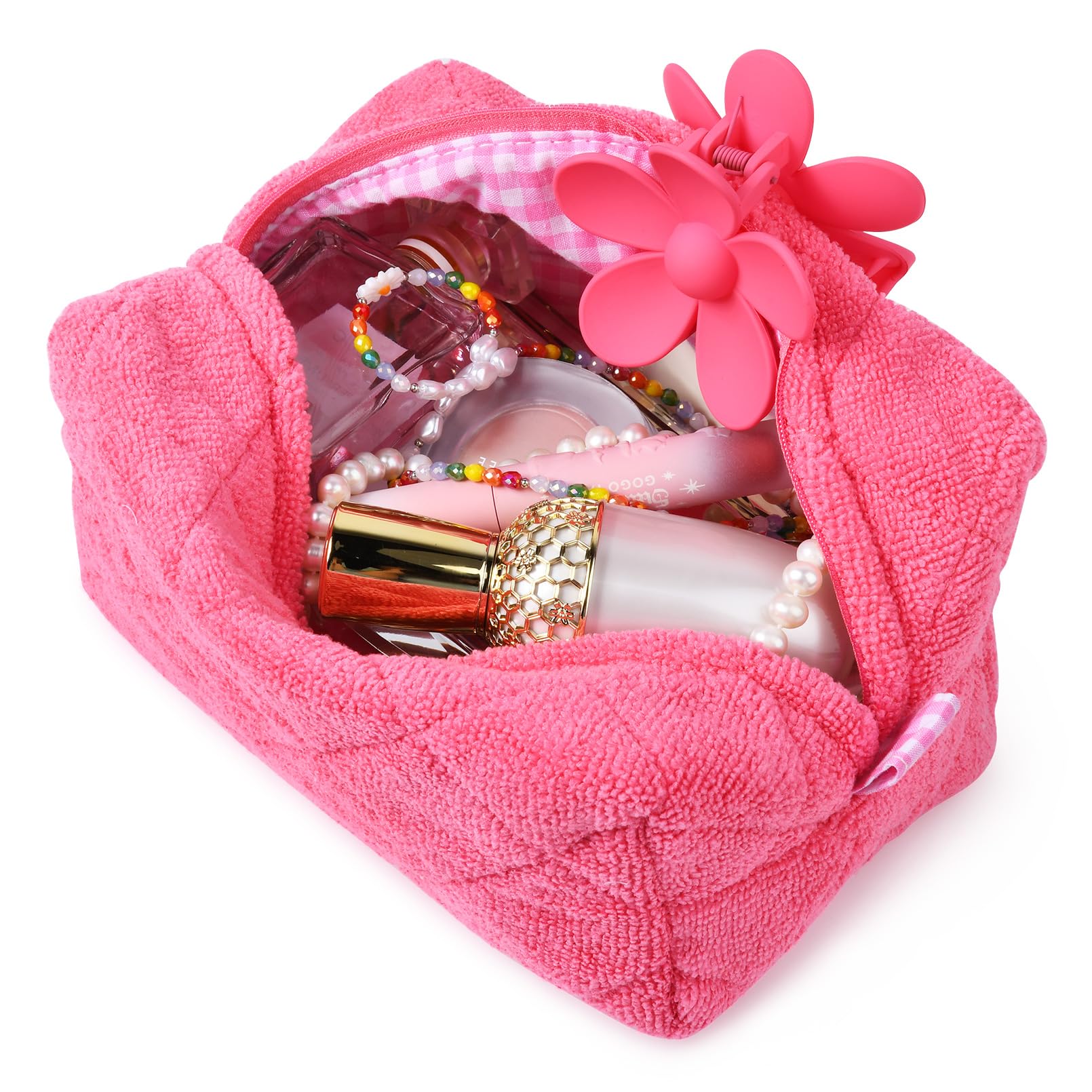 SOIDRAM Makeup Bag Terry Quilted Cosmetic Bag Puffy Coquette Makeup pouch Aesthetic Cotton White Travel Toiletry Bag Organizer Makeup Brushes Storage Bag for Women, Hot Pink, M, M-hot Pink Makeup Bag