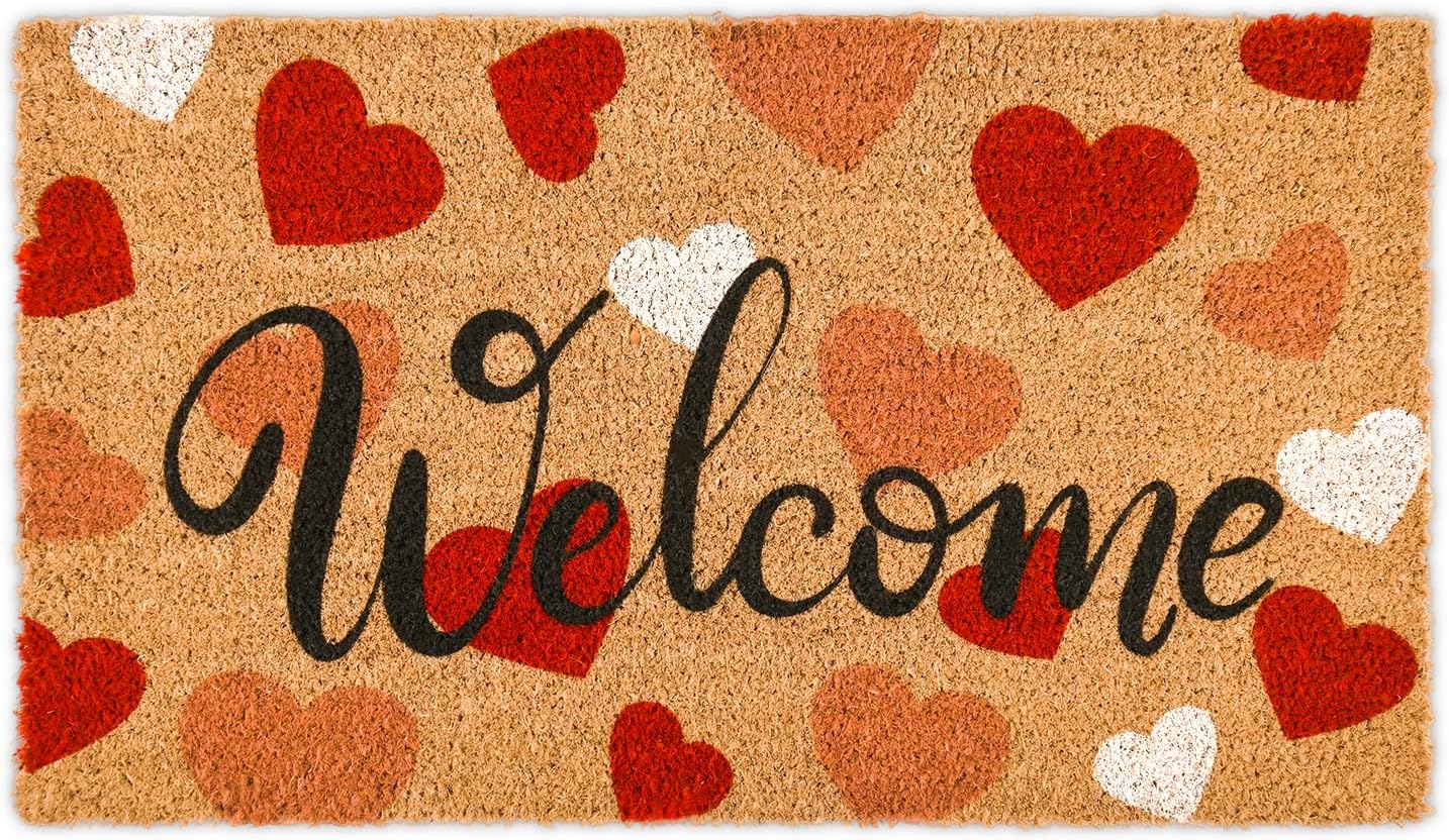 Valentine's Day Coir Doormat Valentine Natural Outdoor Front Door Mat Valentines Welcome Mats Red Pink Heart Pattern Non-Slip Door Rug for Porches, Apartment Entryways,Holiday Decor, 16.5 x 29 Inch