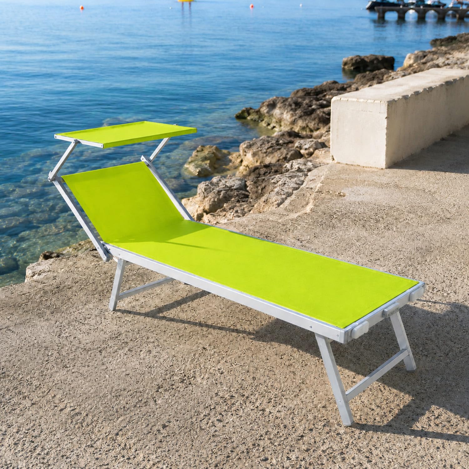 Lettino Prendisole Pieghevole Professionale In Alluminio E Tessuto Textilene Tettuccio Orientabile Tettino Parasole Sdraio Prendi Sole Mare Spiaggia Piscina Giardino Verde Fluo 182 x 60 x 38 cm