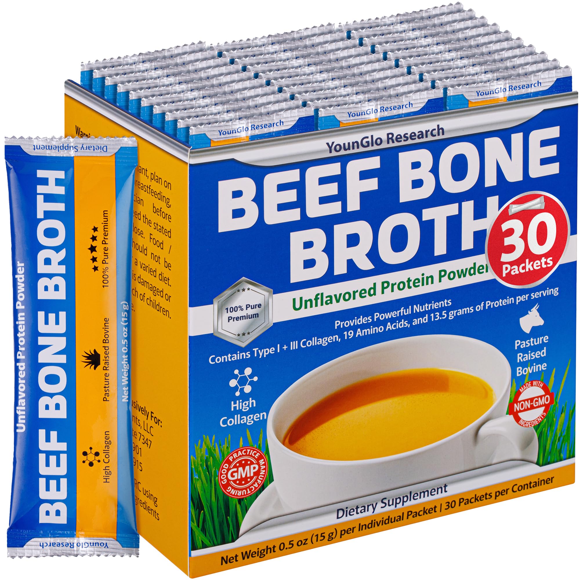 Bone Broth Beef Protein Powder - 15g Travel Sticks, Unflavored, 30 Packets w/Individual Wrapper Sticks - High Collagen & Gelatin from Grass-Fed Bovine for Paleo & Keto Diets
