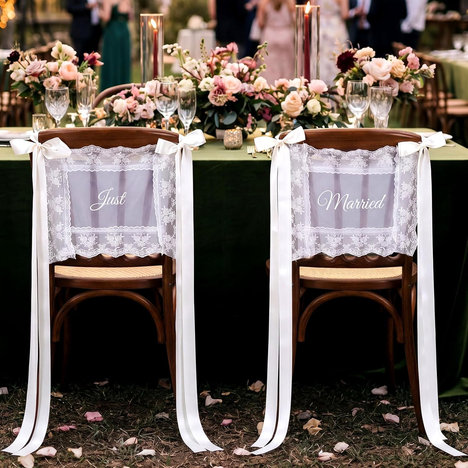 2 Sets Sheer Lace Wedding Chair Signs with Ribbons Just Married Sheer Tulle Covers Vintage Chairs Back Decoration for Bridal Shower Engagement Party Rustic Wedding Ceremony