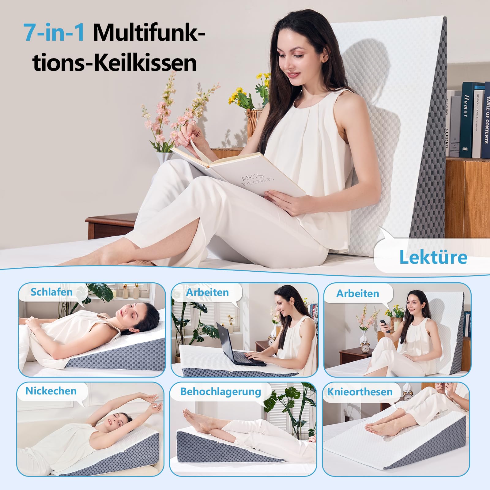 Generisch Almohada de cuña, almohada de reflujo para cama y sofá, incluye funda de almohada, lavable a máquina, para apoyar las piernas y las rodillas, apnea del sueño, alivio de la acidez estomacal