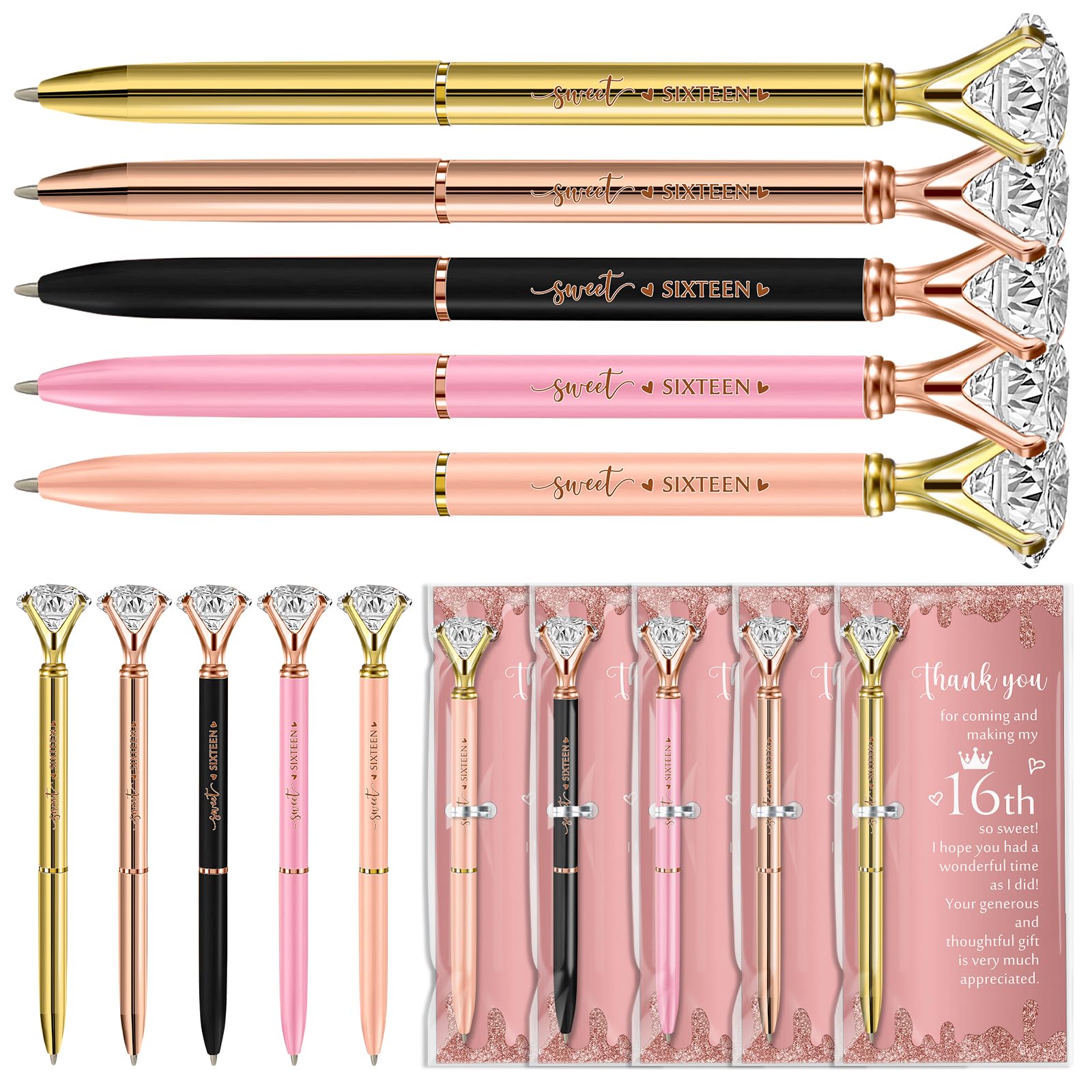 Feifeiya 25 Sets Sweet 16th Birthday Party Favors for Guests, Include Sweet Sixteen Glitter Ballpoint Pens with Thank You Cards, Thank You for Coming