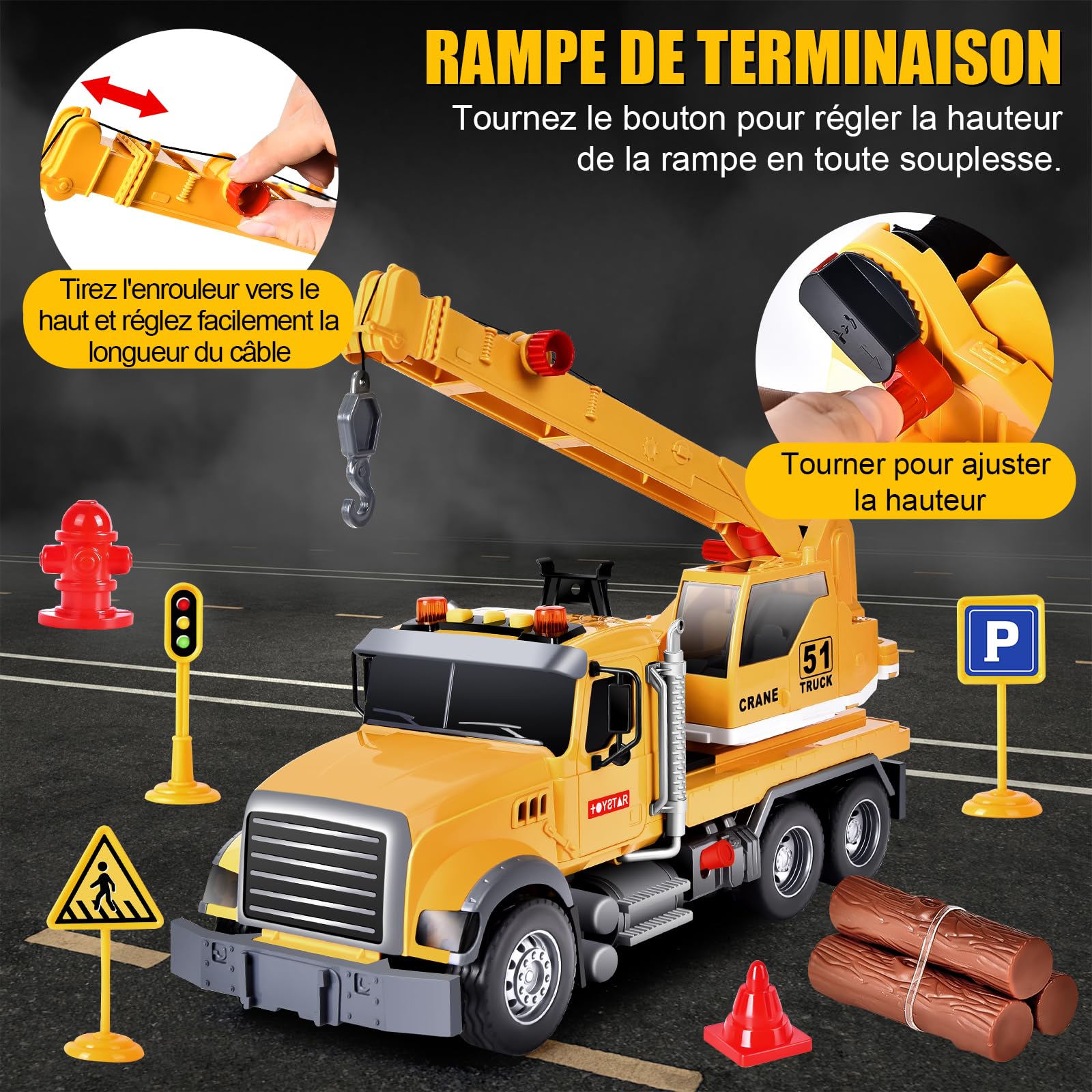 Aragallant Camion Grue Jouet Enfant, Grue de Chantier avec Son, Véhicule Chantier Jouet Garçons, Cadeaux pour Enfants de 5 à 7 Ans