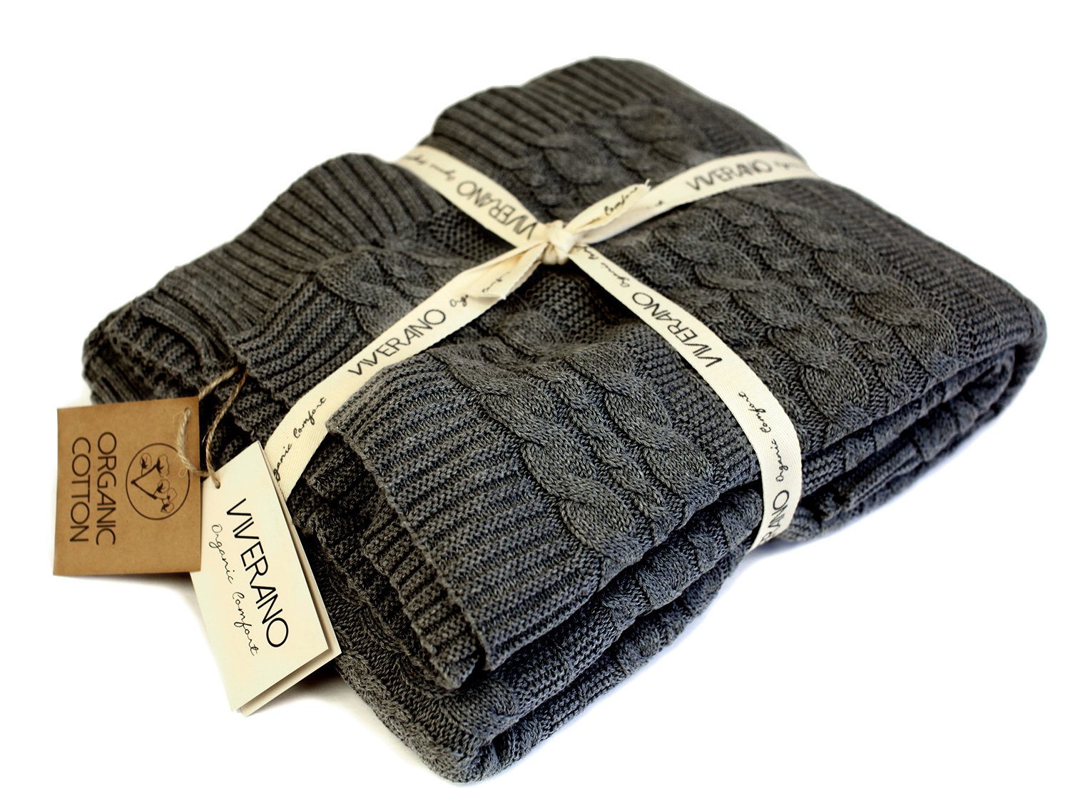 Viverano 100% Organic Cotton Throw Cable Knit Blanket (50"x70") Super Soft Warm Luxurious All-Season Non-Toxic Eco-Friendly (Charcoal)