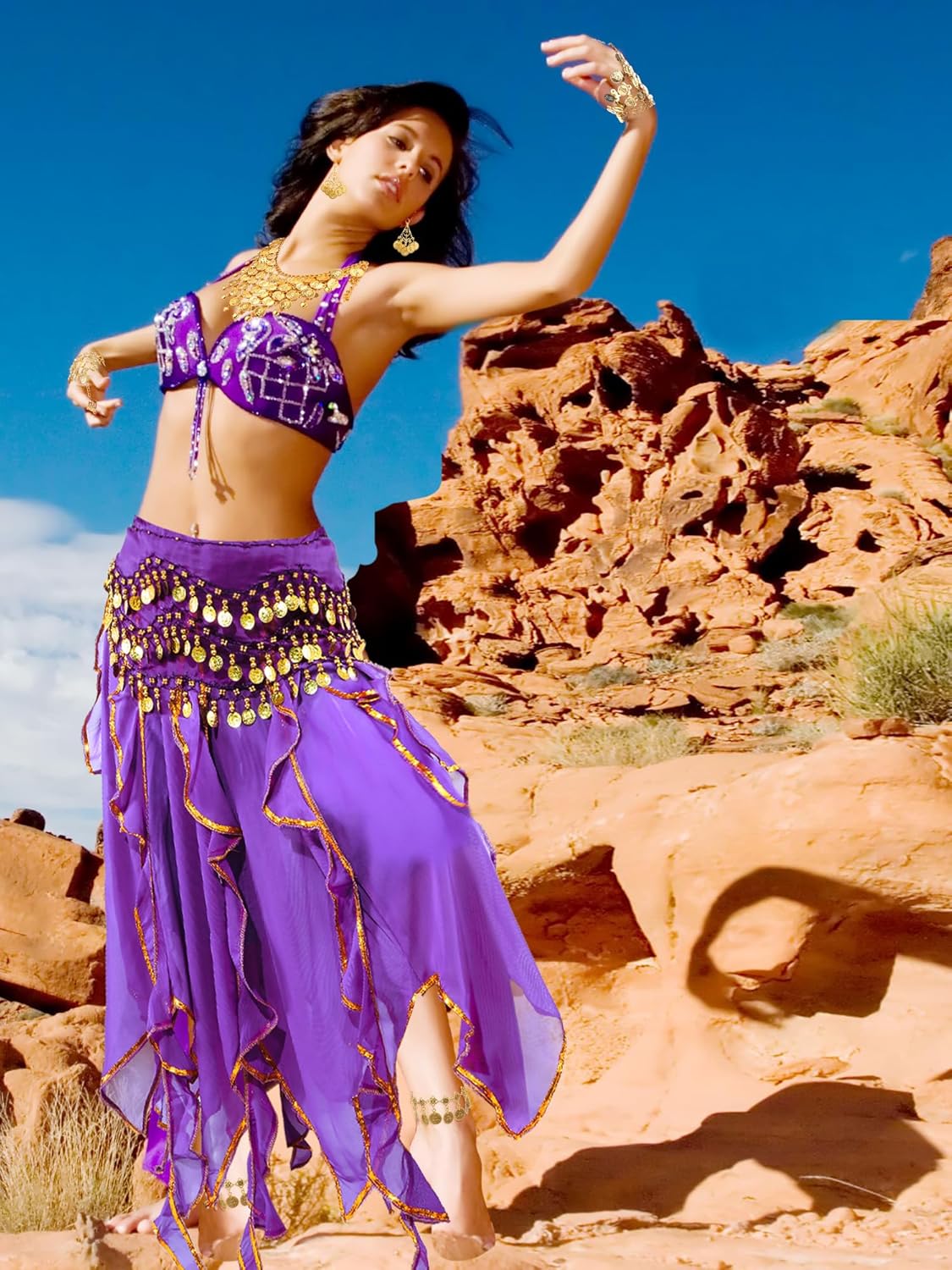 Hicarer Belly Dance Hip Scarf for Women Gypsy Costume Set Hip Skirt Gold Necklace and Earrings Dance Outfit Accessories - Image 7