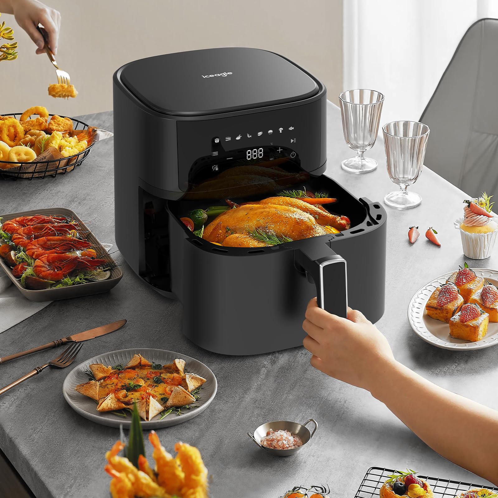iceagle Frytkownica na gorące powietrze 6,5 l XXL Airfryer – frytkownica bez oleju | frytkownica na gorące powietrze z 8 różnymi programami, cyfrowy wyświetlacz, 1700W