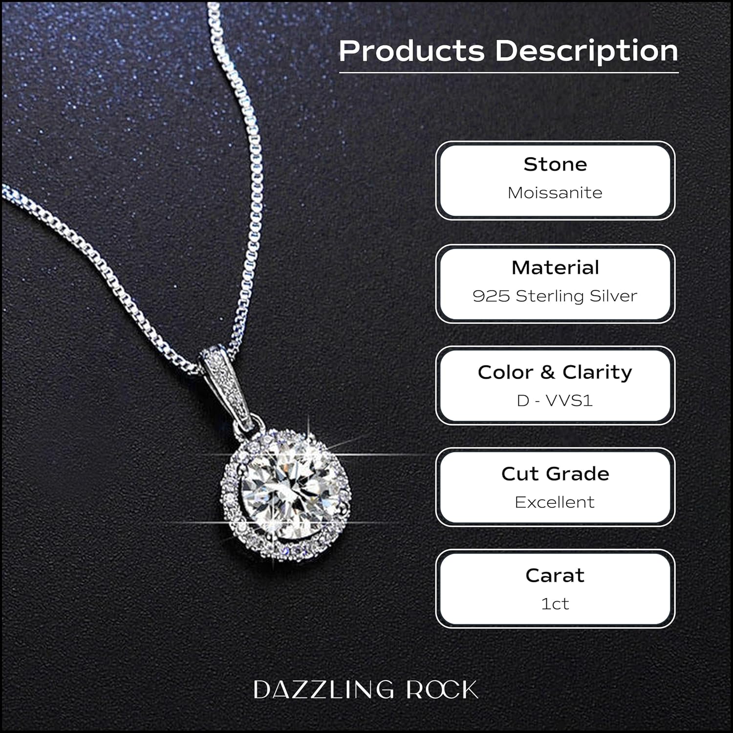 Dazzlingrock Collection GRA Certified D Color VVS1 1.00 Carat Round Center Moissanite & Side Cubic Zirconia Halo Pendant Necklace with 18 inch Silver Chain for Women in 925 Sterling Silver - Image 3