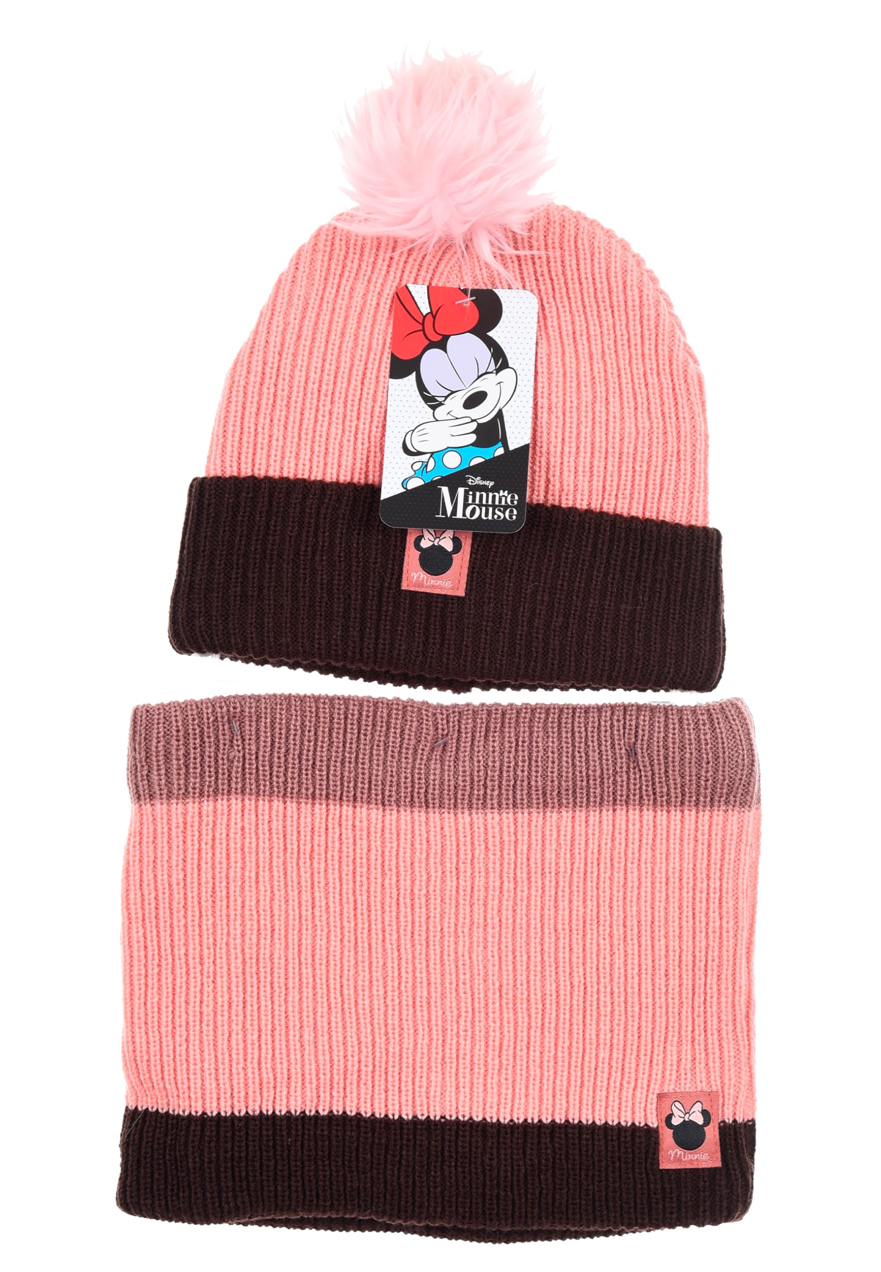 Disney Minnie Mouse Dziecięcy zestaw zimowy, 2-częściowy, oficjalnie licencjonowana czapka z pomponem i szalem typu komin dla dziewczynek, ciepła miękka, szara, różowa, poliester, poliakryl, akcesoria