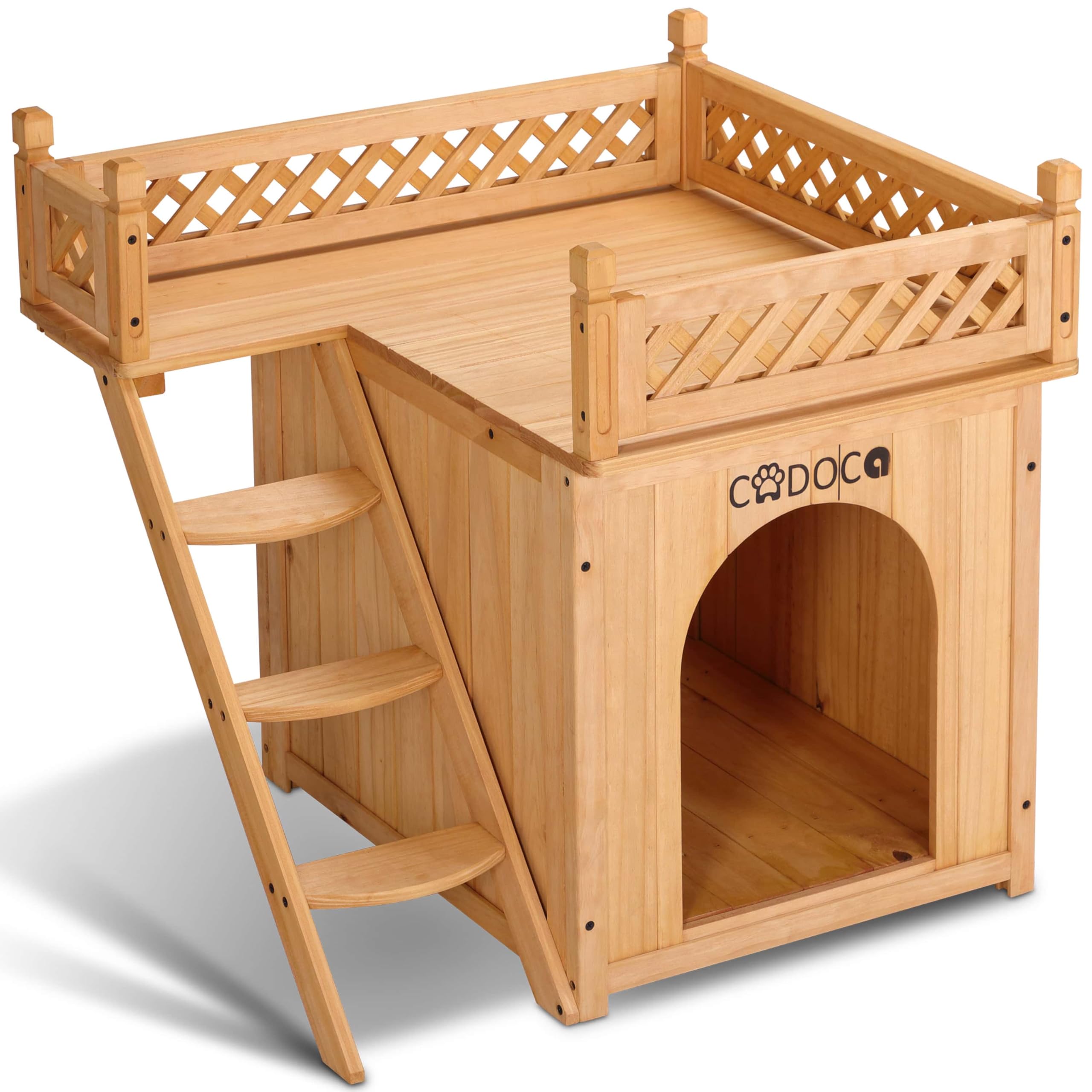 CADOCA® Tierhaus FSC®-Zertifiziert Kiefer 65x55x54cm 2-stöckig Treppe Sonnenterrasse Katzenhaus Katzenhütte Hundehütte Katzenvilla Lodge Balkon