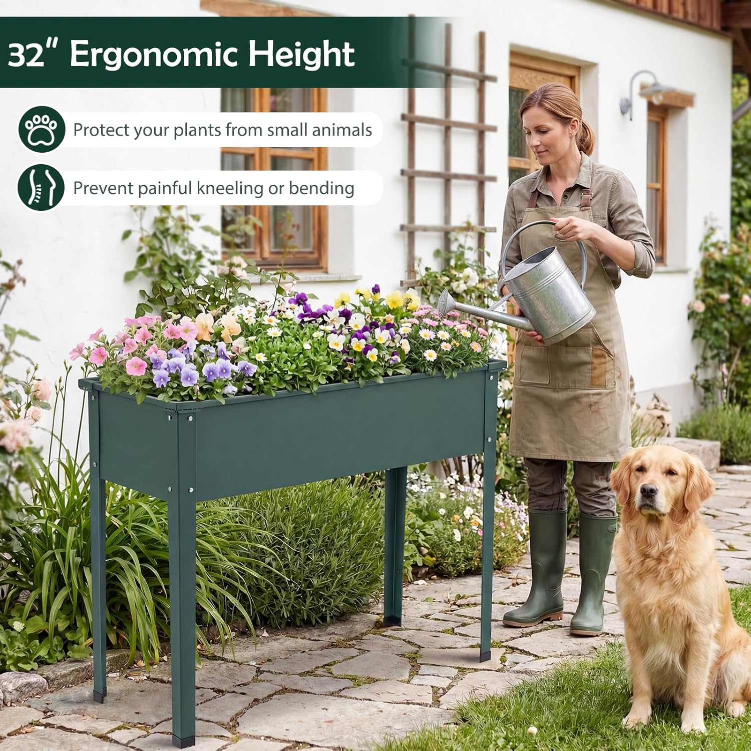 Giantex Metal Raised Garden Bed with Legs, 24”x11”x18” Elevated Planter Box with Drainage Holes for Vegetable Fruit Flower Herb, Outdoor Standing Gardening Box for Balcony Backyard Patio Porch, Green