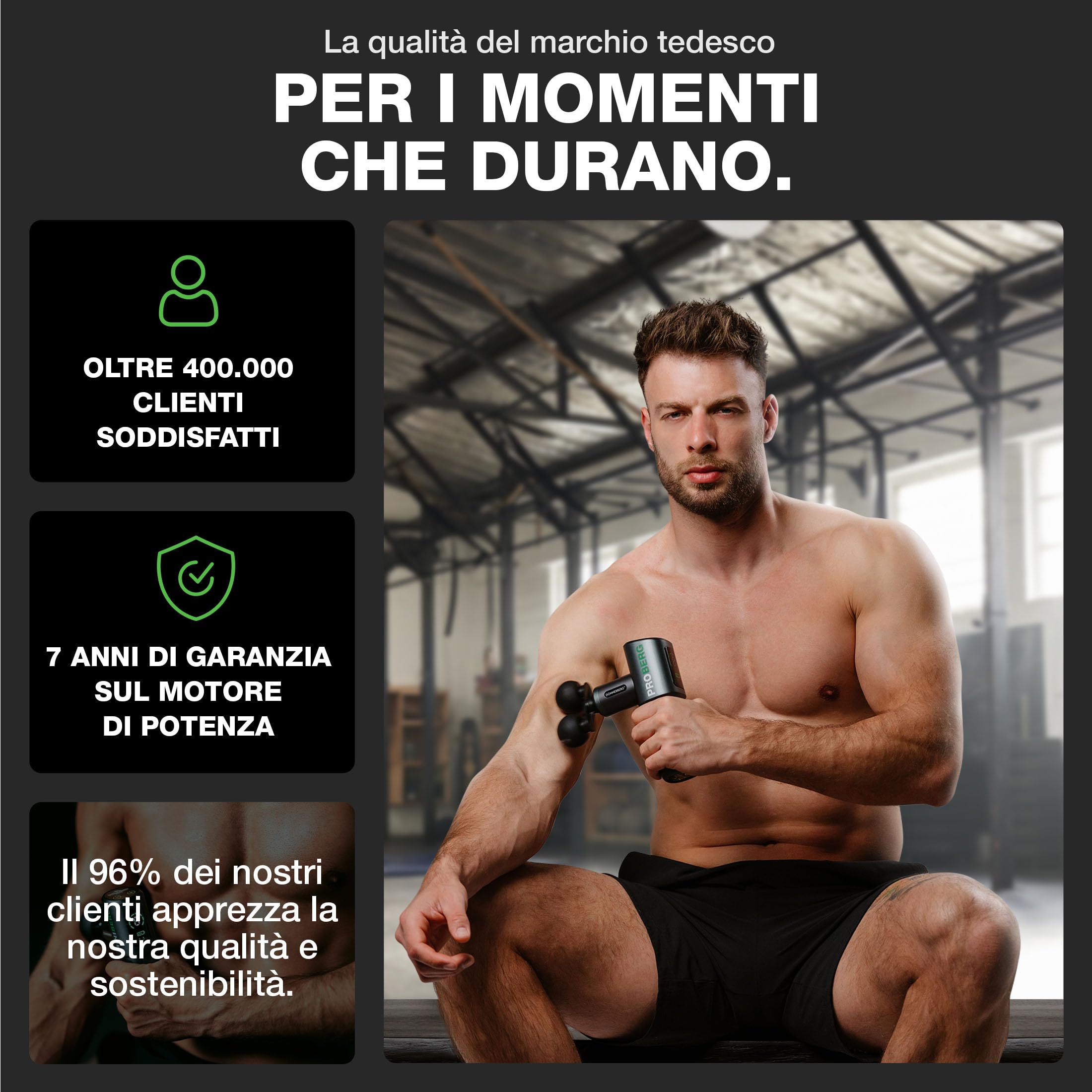 DONNERBERG® Proberg Pistola Massaggiante Professionale Per Tessuti Profondi | Ampiezza Di 12 mm, 24 kg Di Forza, Batteria Samsung Da 3500 mAh, 7 Testine In Silicone, Garanzia Motore 7 Anni