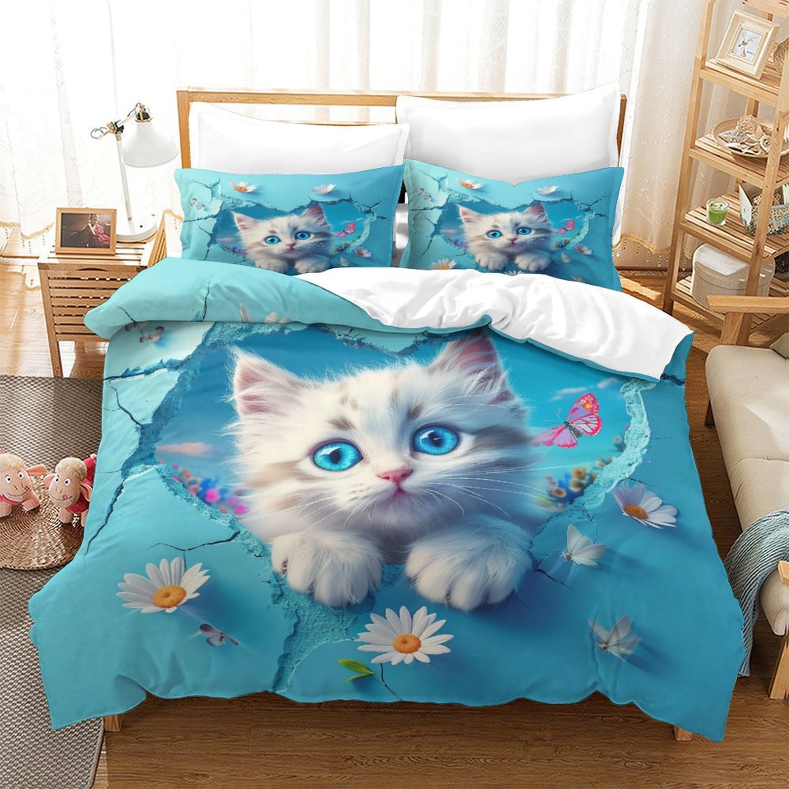 P1S9U7W5Y Adorable Cat Design 3D Printed Microfiber 3pcs Duvet Cover Set Cute Floral Bedding Set King（220x240cm）