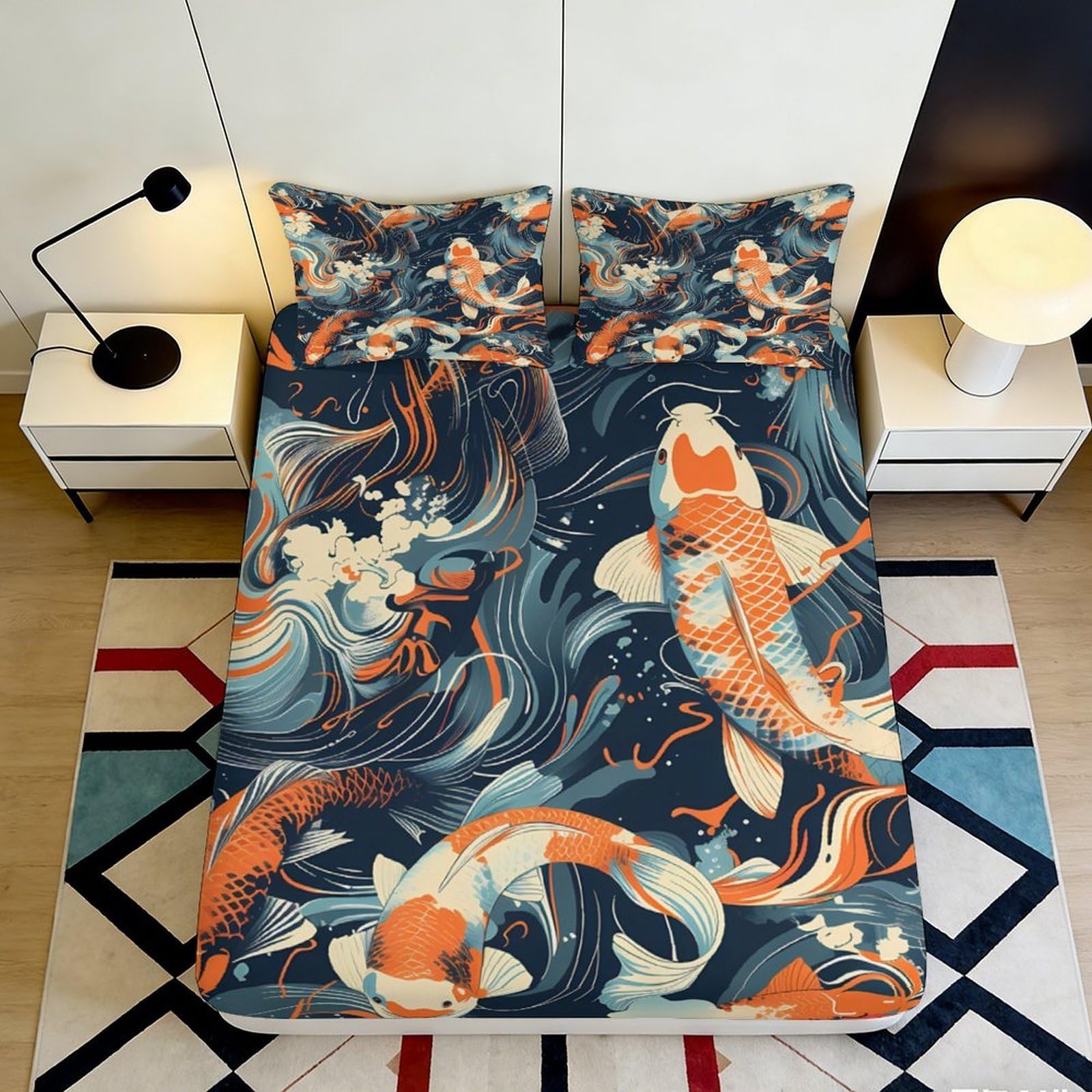 3D Printed Koi Fish Fitted Sheet Microfiber Soft Breathable Japanese Wave Bed Cover for Bedroom Dorm Decor 90x200x25cm