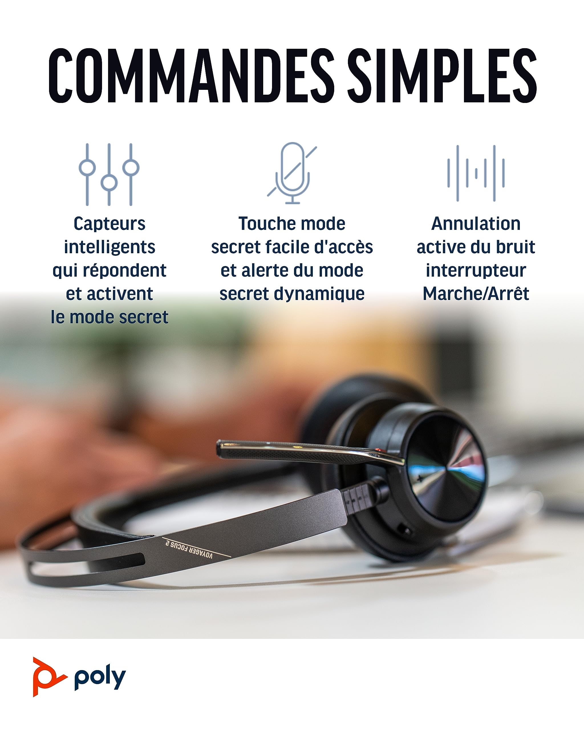 Micro-casque sans fil Poly Voyager Focus 2 UC avec microphone (Plantronics) - Annulation active du bruit (ANC) - Connexion à un PC/Mac/Téléphone portable via Bluetooth - Fonctionne avec Teams, Zoom